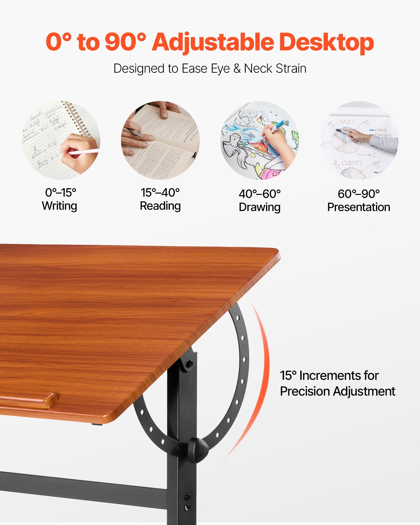 Desks: VEVOR Drafting Table Adjustable 0°90° Tilt Wooden Drawing Desk with H-Frame