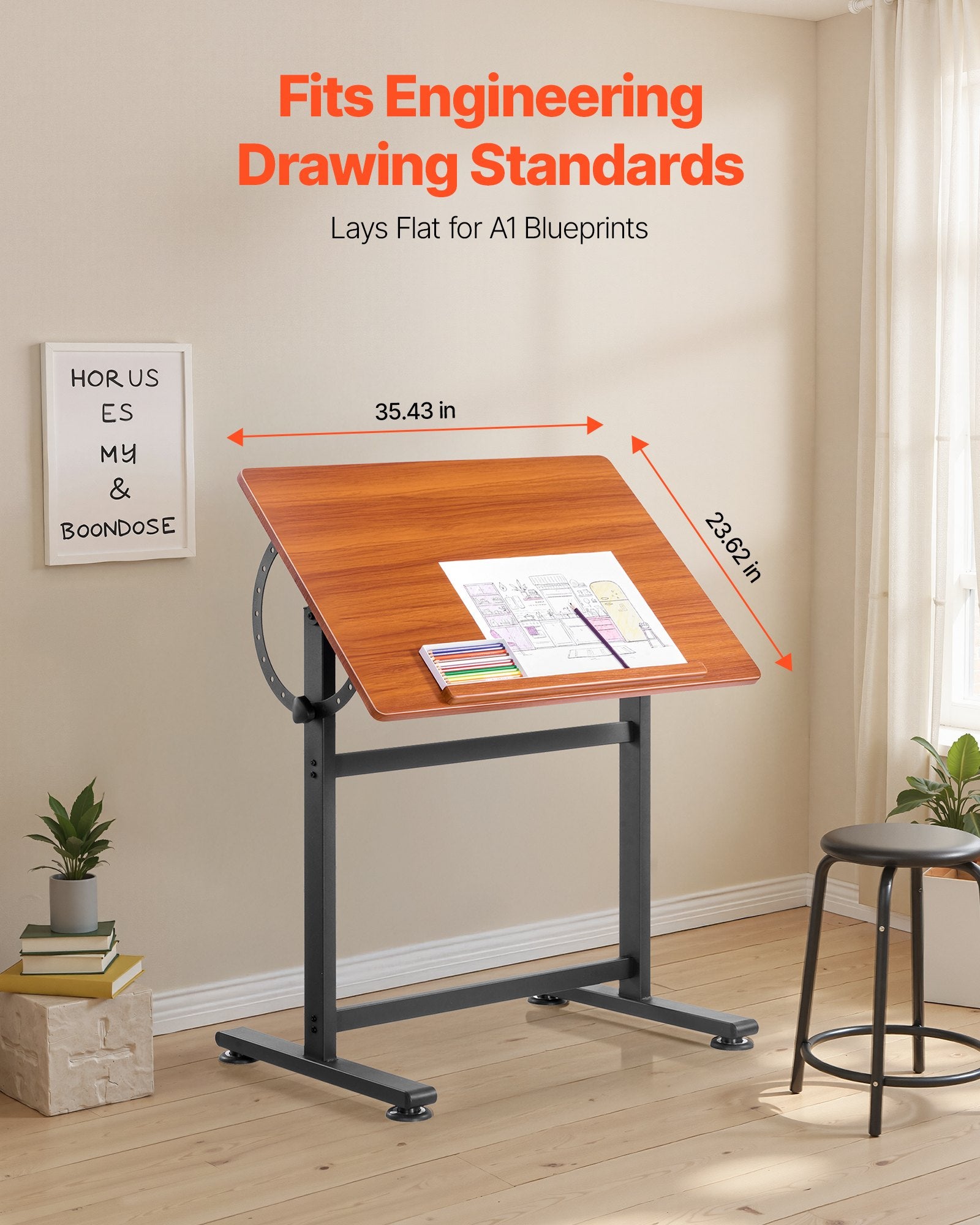 Desks: VEVOR Drafting Table Adjustable 0°90° Tilt Wooden Drawing Desk with H-Frame