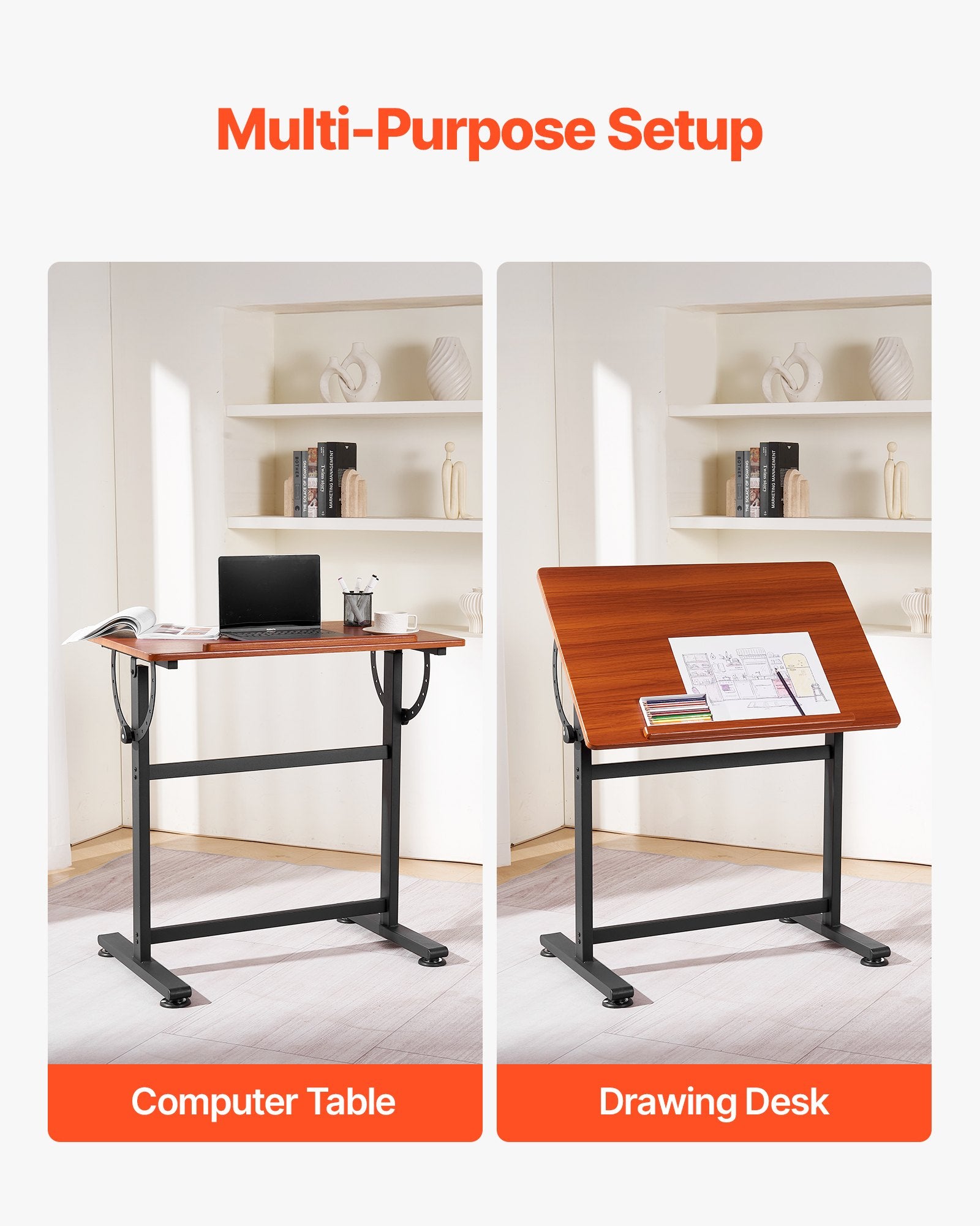 Desks: VEVOR Drafting Table Adjustable 0°90° Tilt Wooden Drawing Desk with H-Frame