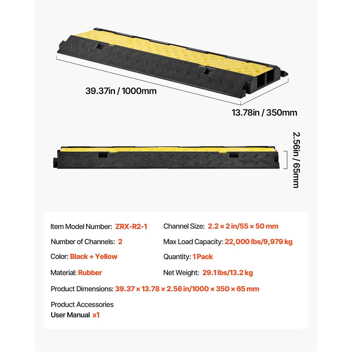 Cable Protector Ramp, 9,979 kg/axle Capacity, 2 Channel Heavy Duty Rubber Cord Hose Wire Cover, 55 x 50 mm Channel, Traffic Speed Bump with Flip-Open Top Cover, for Indoor Outdoor Use, 1 Pack