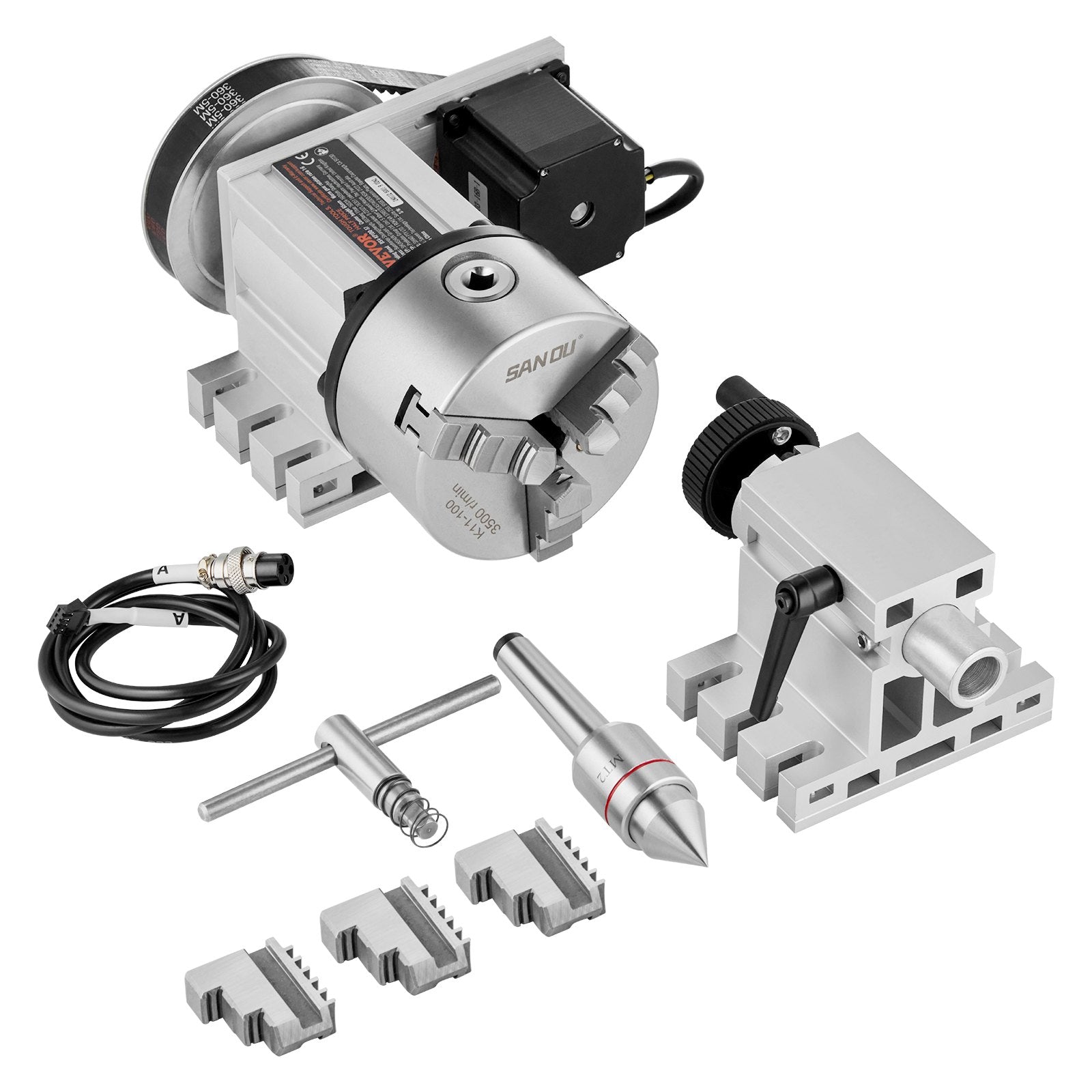 Hand Tools: VEVOR Dividing Head, K11-100mm 3-Jaw Chuck, CNC Router Milling Machine Rotational Axis 4th Axis A Axis Indexing Head, 65 mm Center Height MT2 Tailstock 6:1 Gear Ratio, Universal for Engraving