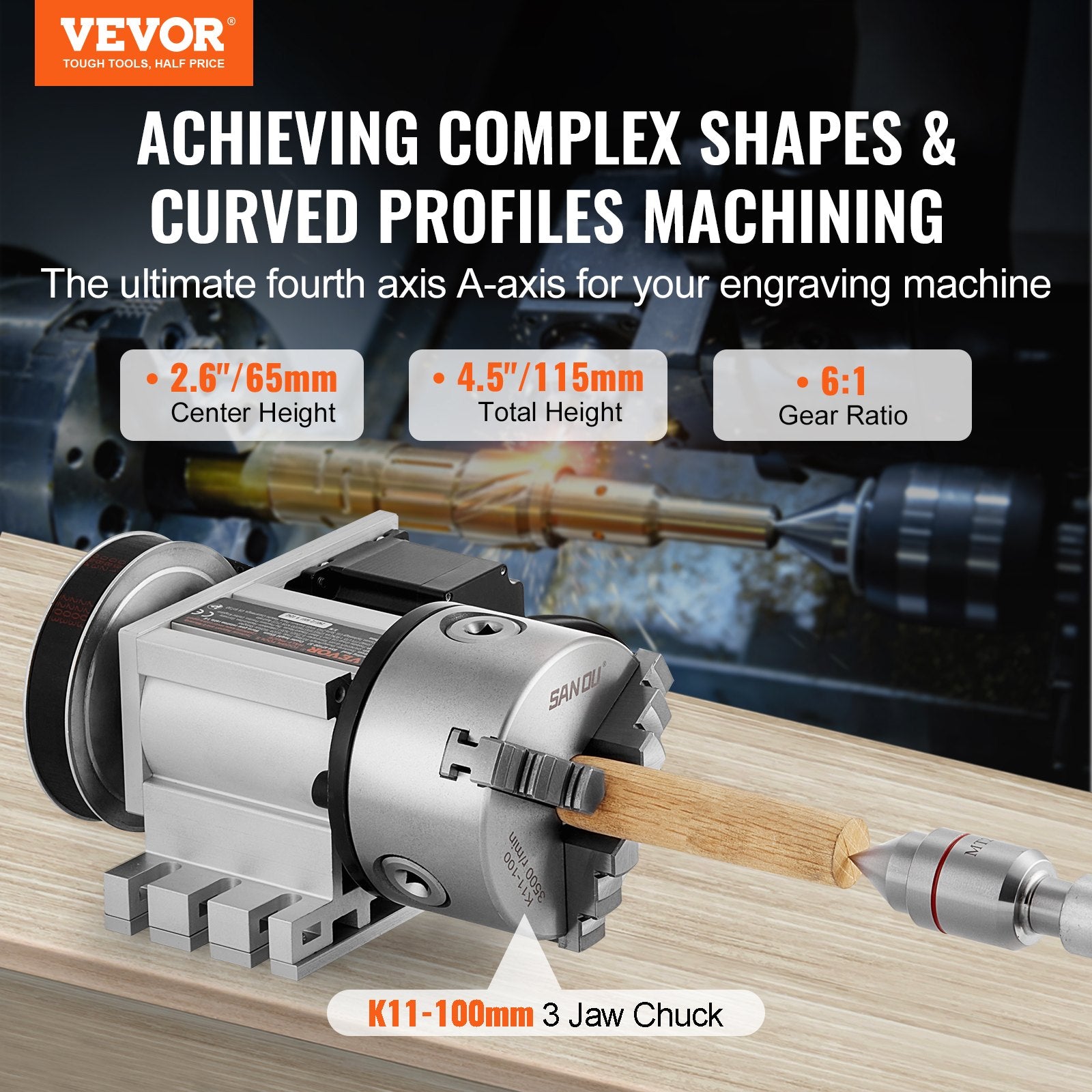 Hand Tools: VEVOR Dividing Head, K11-100mm 3-Jaw Chuck, CNC Router Milling Machine Rotational Axis 4th Axis A Axis Indexing Head, 65 mm Center Height MT2 Tailstock 6:1 Gear Ratio, Universal for Engraving