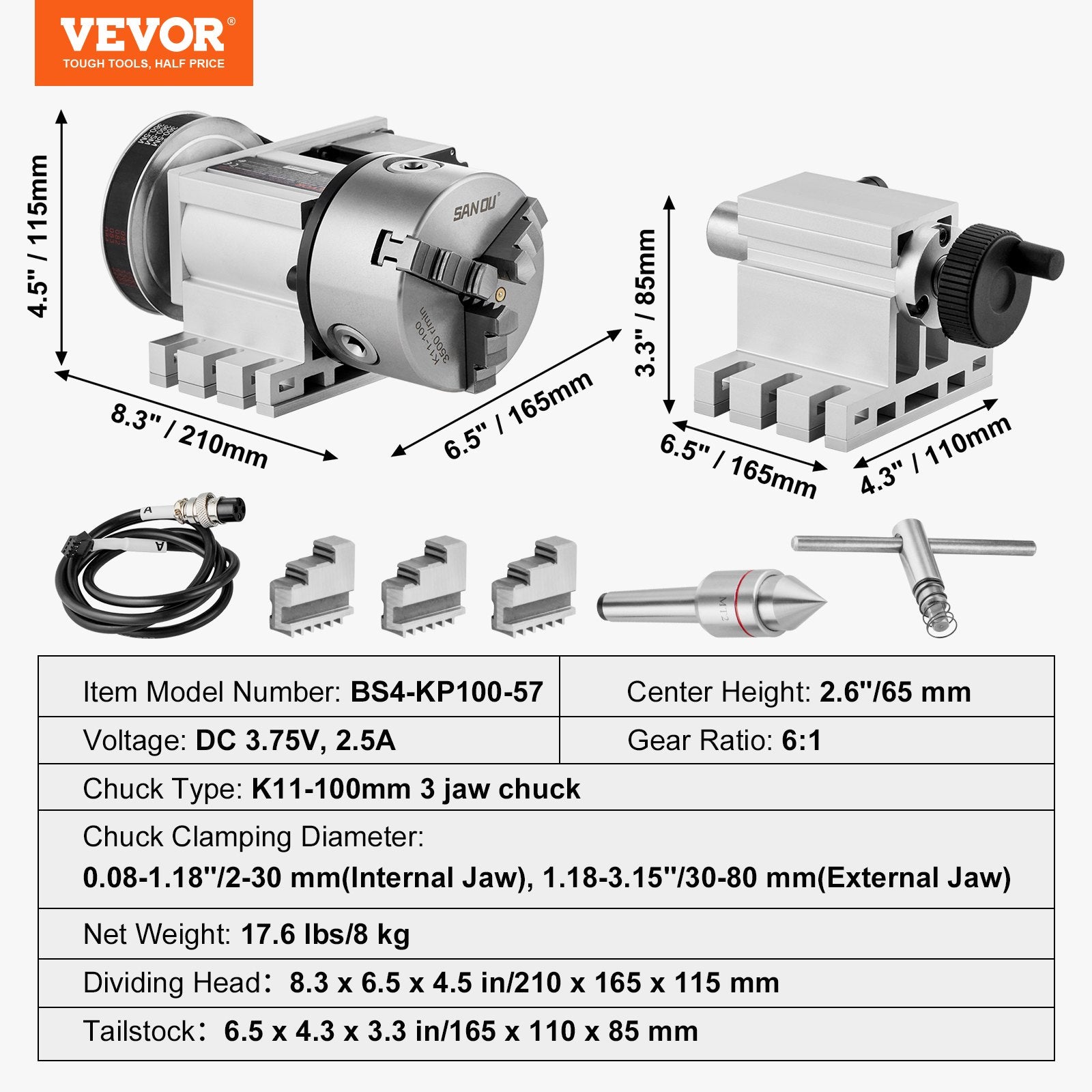 Hand Tools: VEVOR Dividing Head, K11-100mm 3-Jaw Chuck, CNC Router Milling Machine Rotational Axis 4th Axis A Axis Indexing Head, 65 mm Center Height MT2 Tailstock 6:1 Gear Ratio, Universal for Engraving