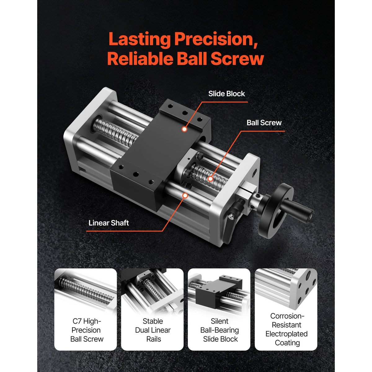 Linear Stage Actuator, 100 mm Effective Stroke, Ball Screw CNC Linear Motion Guide Rail, Double Optical Axis, C7 High-Precision, Bearing Slide Block, Manual Handwheel, for CNC Router X Y Z Axis