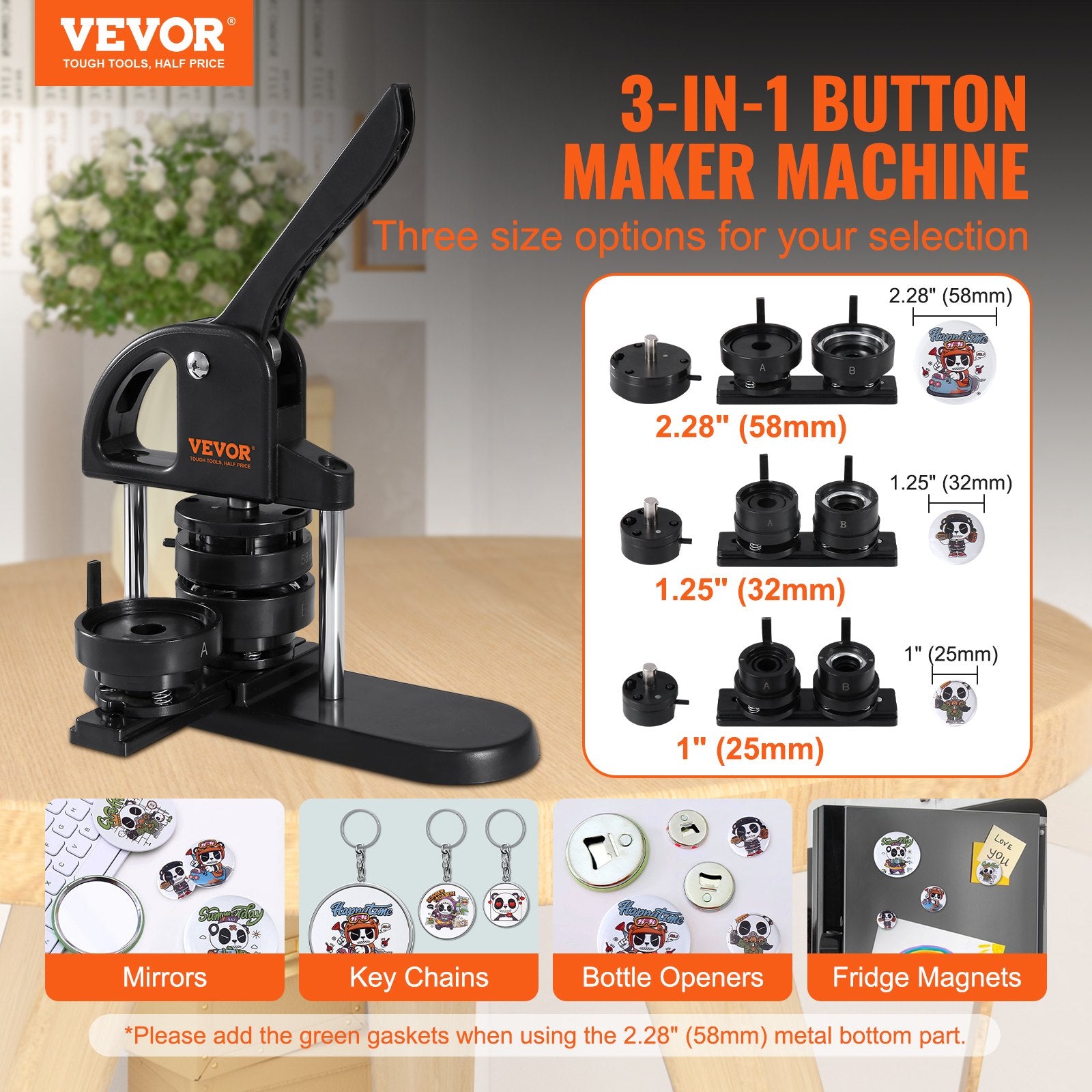 Cutters: VEVOR Button Maker Machine, 1/1.25/2.28 inch(25/32/58mm) 3-in-1 Pin Maker, Installation-Free Badge Punch Press Kit, Button Making Supplies with 300pcs Button Parts, Circle Cutter, Magic Book