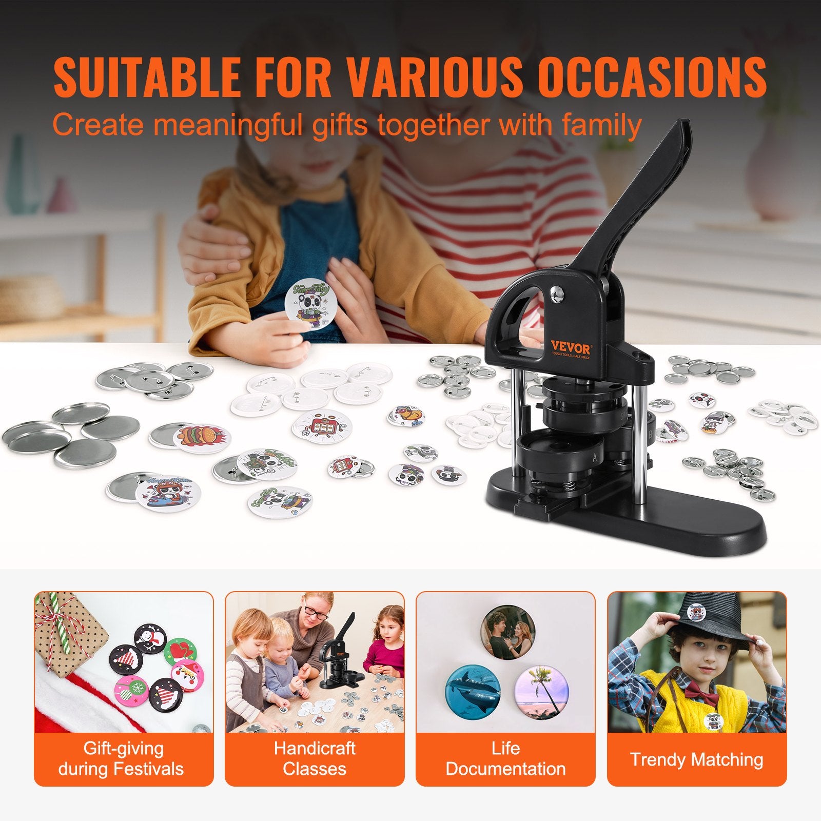 Cutters: VEVOR Button Maker Machine, 1/1.25/2.28 inch(25/32/58mm) 3-in-1 Pin Maker, Installation-Free Badge Punch Press Kit, Button Making Supplies with 300pcs Button Parts, Circle Cutter, Magic Book