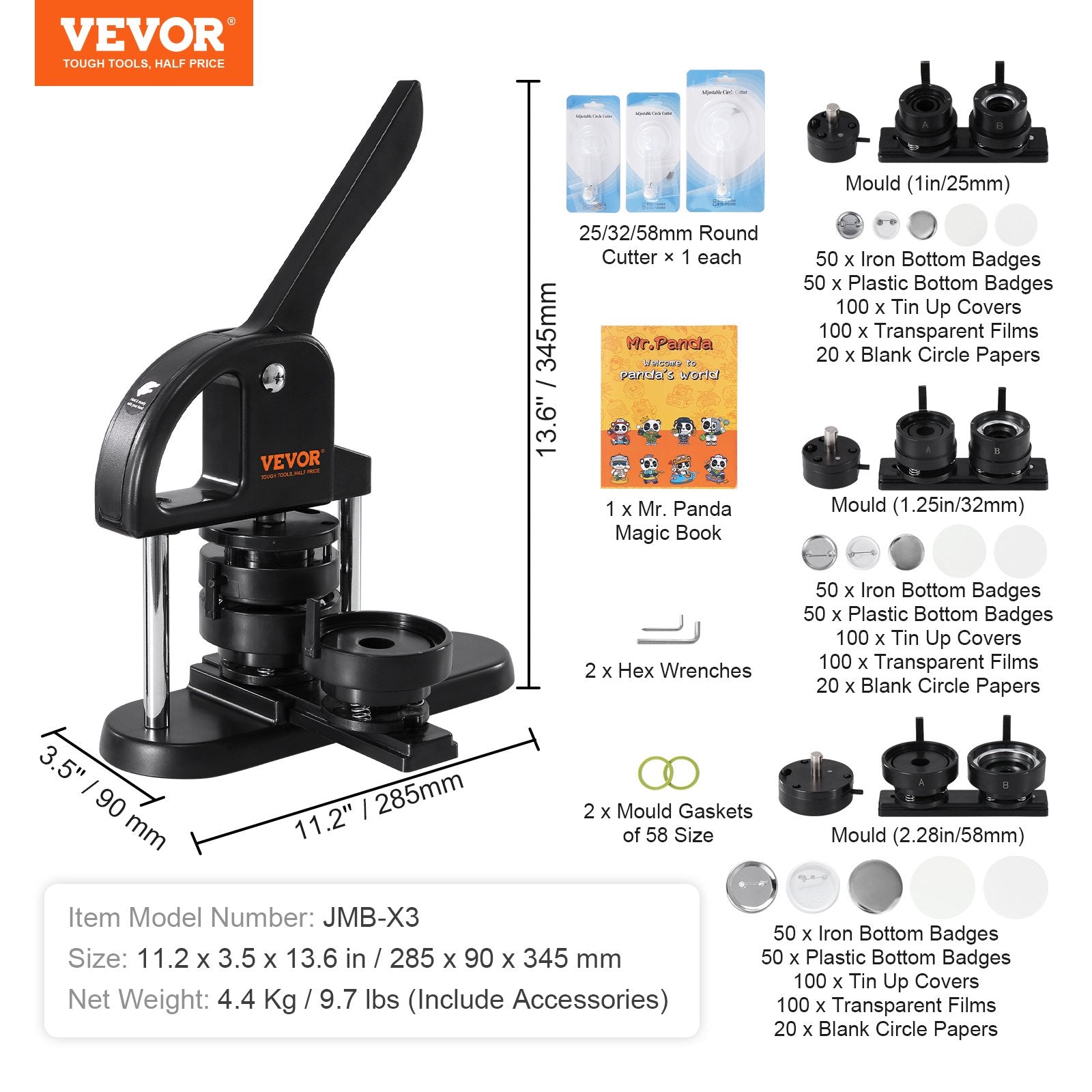 Cutters: VEVOR Button Maker Machine, 1/1.25/2.28 inch(25/32/58mm) 3-in-1 Pin Maker, Installation-Free Badge Punch Press Kit, Button Making Supplies with 300pcs Button Parts, Circle Cutter, Magic Book