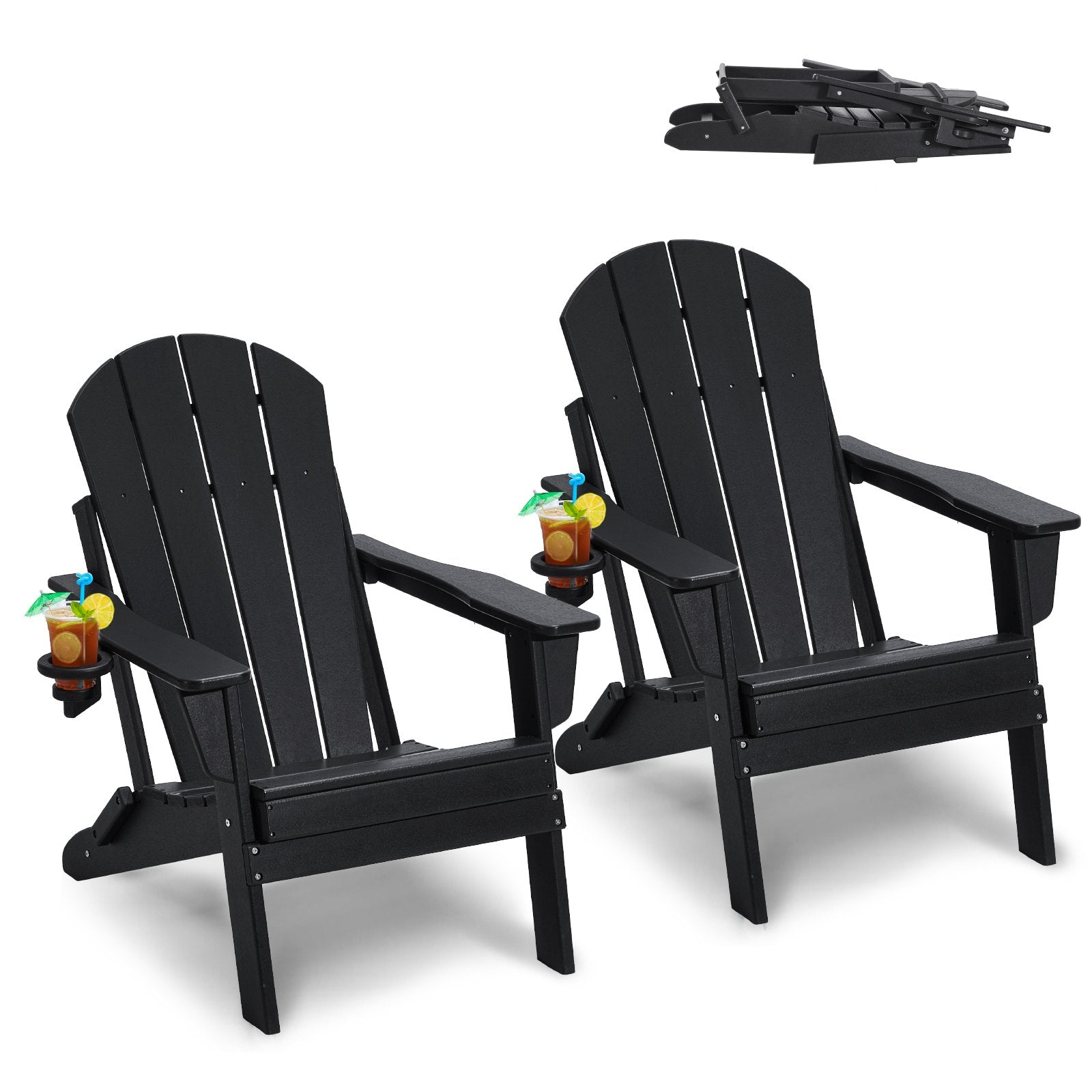 Canopies & Gazebos: VEVOR Adirondack Chair Plastic, Set of 2 All-Weather Portable Folding Fire Pit Chair, Outdoor Adirondack Patio Chair with Cup Holder, with Relaxing Arm Rest Ergonomic, for Garden, Backyard - Black