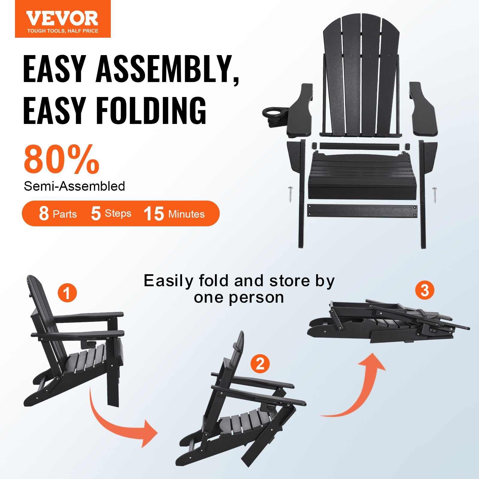 Canopies & Gazebos: VEVOR Adirondack Chair Plastic, Set of 2 All-Weather Portable Folding Fire Pit Chair, Outdoor Adirondack Patio Chair with Cup Holder, with Relaxing Arm Rest Ergonomic, for Garden, Backyard - Black