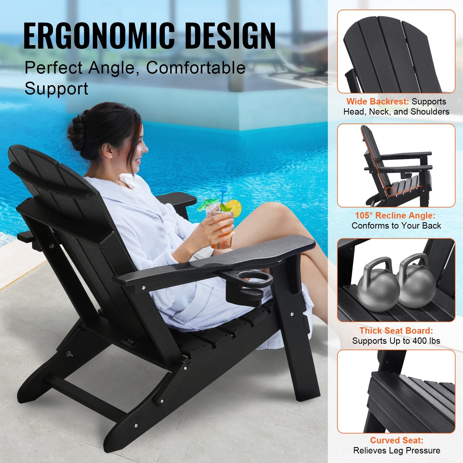 Canopies & Gazebos: VEVOR Adirondack Chair Plastic, Set of 2 All-Weather Portable Folding Fire Pit Chair, Outdoor Adirondack Patio Chair with Cup Holder, with Relaxing Arm Rest Ergonomic, for Garden, Backyard - Black
