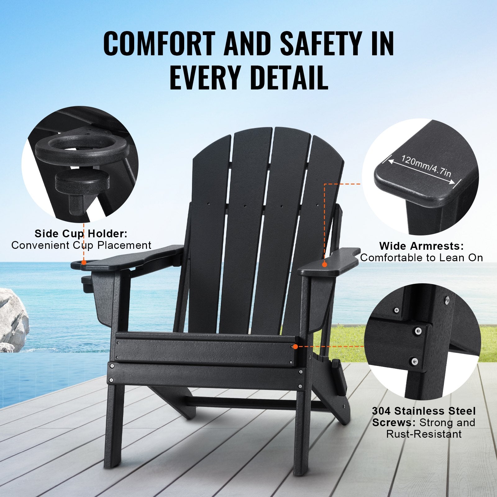 Canopies & Gazebos: VEVOR Adirondack Chair Plastic, Set of 2 All-Weather Portable Folding Fire Pit Chair, Outdoor Adirondack Patio Chair with Cup Holder, with Relaxing Arm Rest Ergonomic, for Garden, Backyard - Black