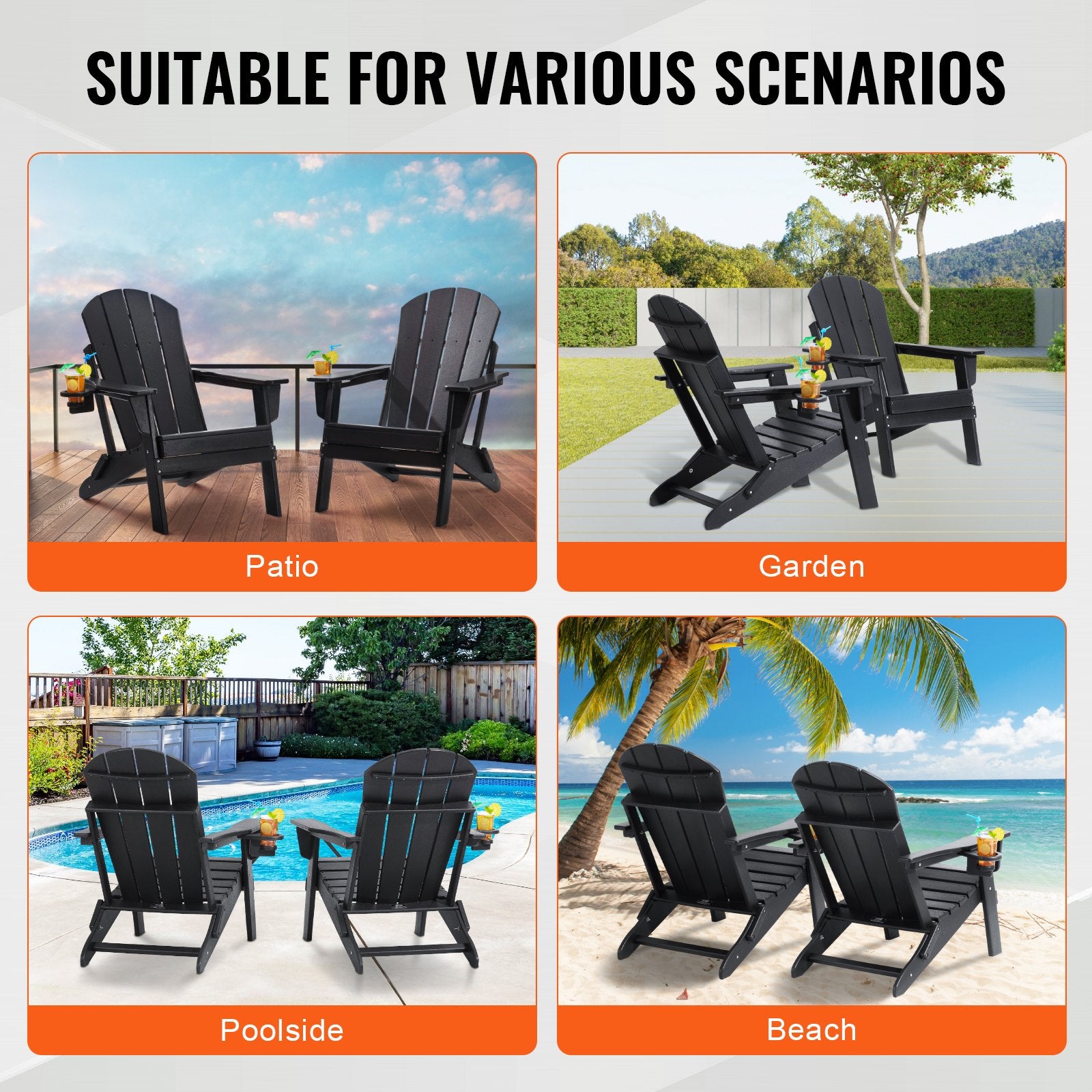 Canopies & Gazebos: VEVOR Adirondack Chair Plastic, Set of 2 All-Weather Portable Folding Fire Pit Chair, Outdoor Adirondack Patio Chair with Cup Holder, with Relaxing Arm Rest Ergonomic, for Garden, Backyard - Black