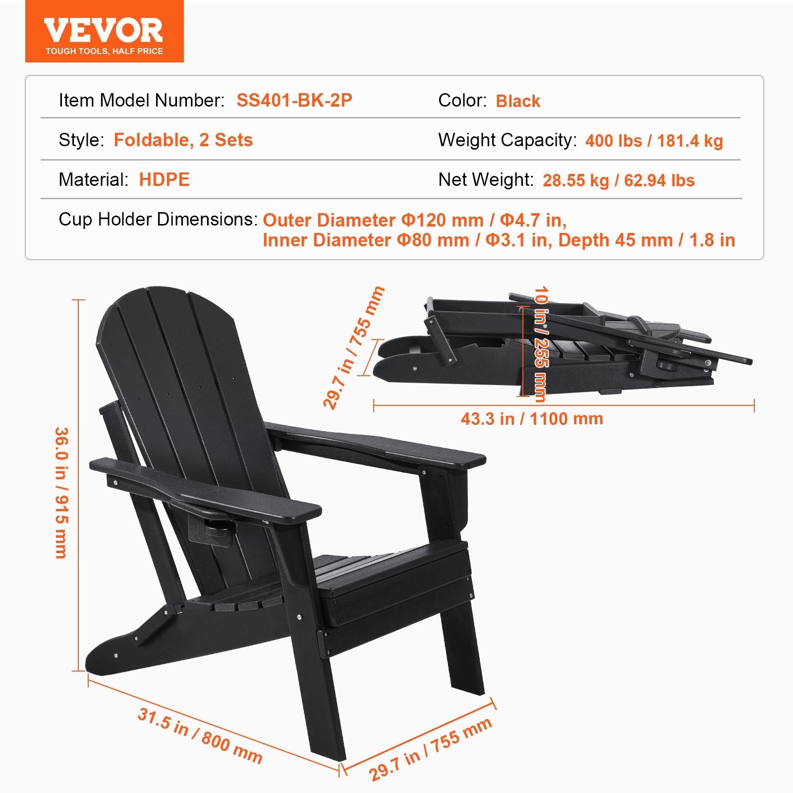 Canopies & Gazebos: VEVOR Adirondack Chair Plastic, Set of 2 All-Weather Portable Folding Fire Pit Chair, Outdoor Adirondack Patio Chair with Cup Holder, with Relaxing Arm Rest Ergonomic, for Garden, Backyard - Black