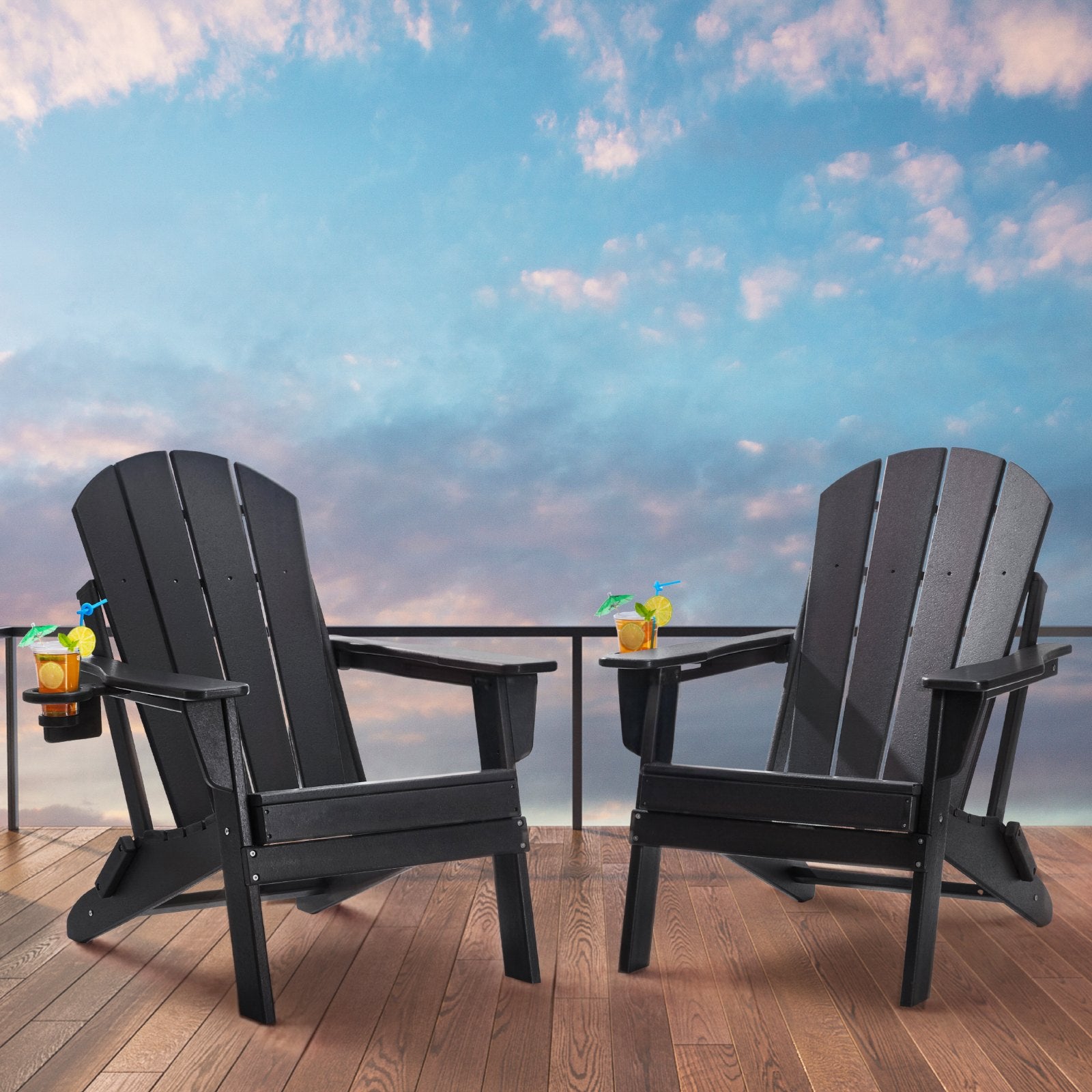 Canopies & Gazebos: VEVOR Adirondack Chair Plastic, Set of 2 All-Weather Portable Folding Fire Pit Chair, Outdoor Adirondack Patio Chair with Cup Holder, with Relaxing Arm Rest Ergonomic, for Garden, Backyard - Black