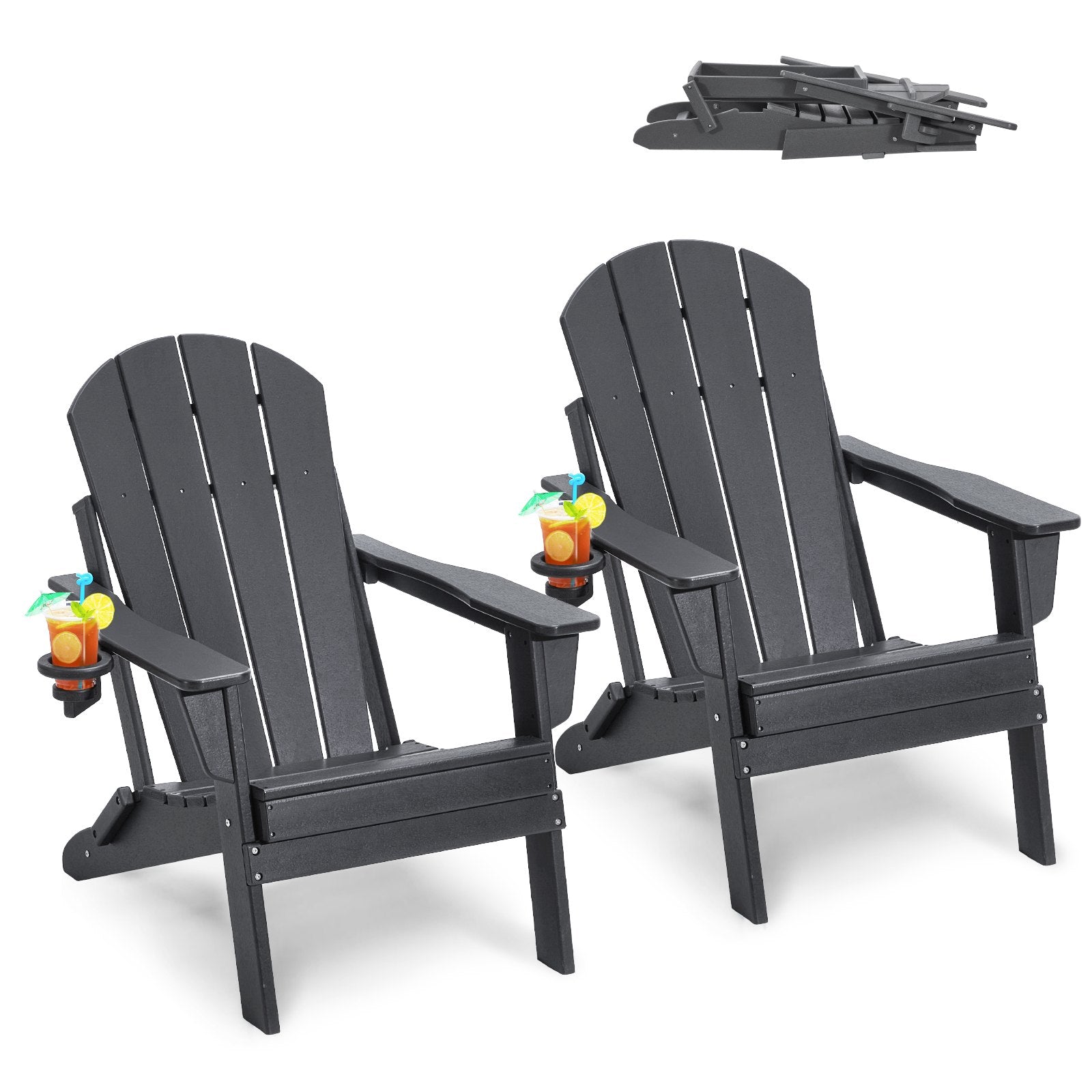 Outdoor Chairs: VEVOR Adirondack Chair Plastic, Set of 2 All-Weather Portable Folding Fire Pit Chair, Outdoor Adirondack Patio Chair with Cup Holder, with Relaxing Arm Rest Ergonomic, for Garden, Backyard - Gray