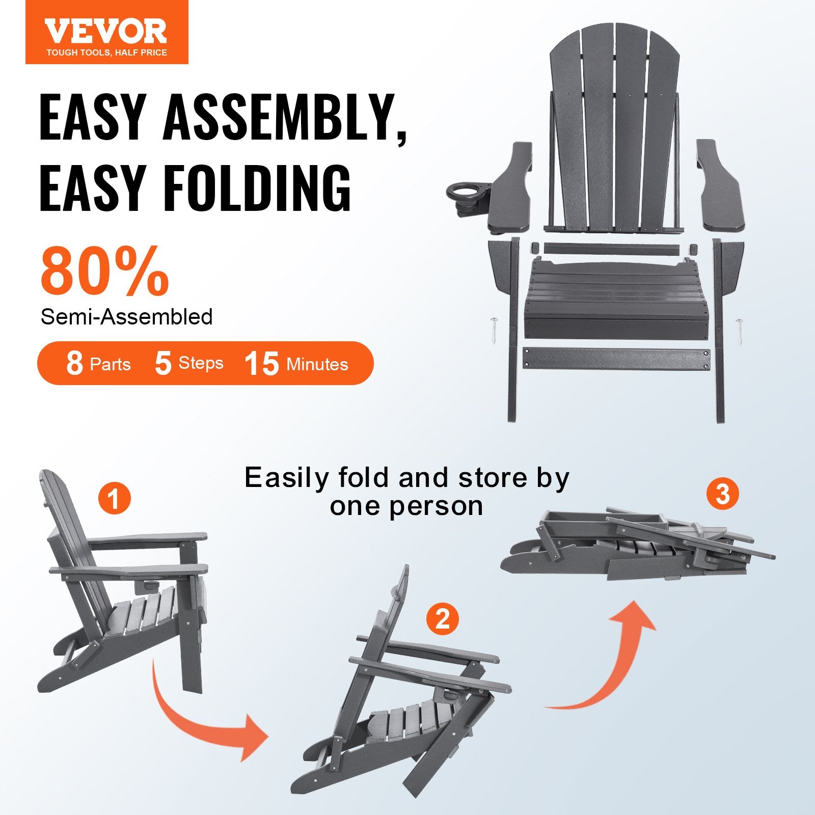 Outdoor Chairs: VEVOR Adirondack Chair Plastic, Set of 2 All-Weather Portable Folding Fire Pit Chair, Outdoor Adirondack Patio Chair with Cup Holder, with Relaxing Arm Rest Ergonomic, for Garden, Backyard - Gray
