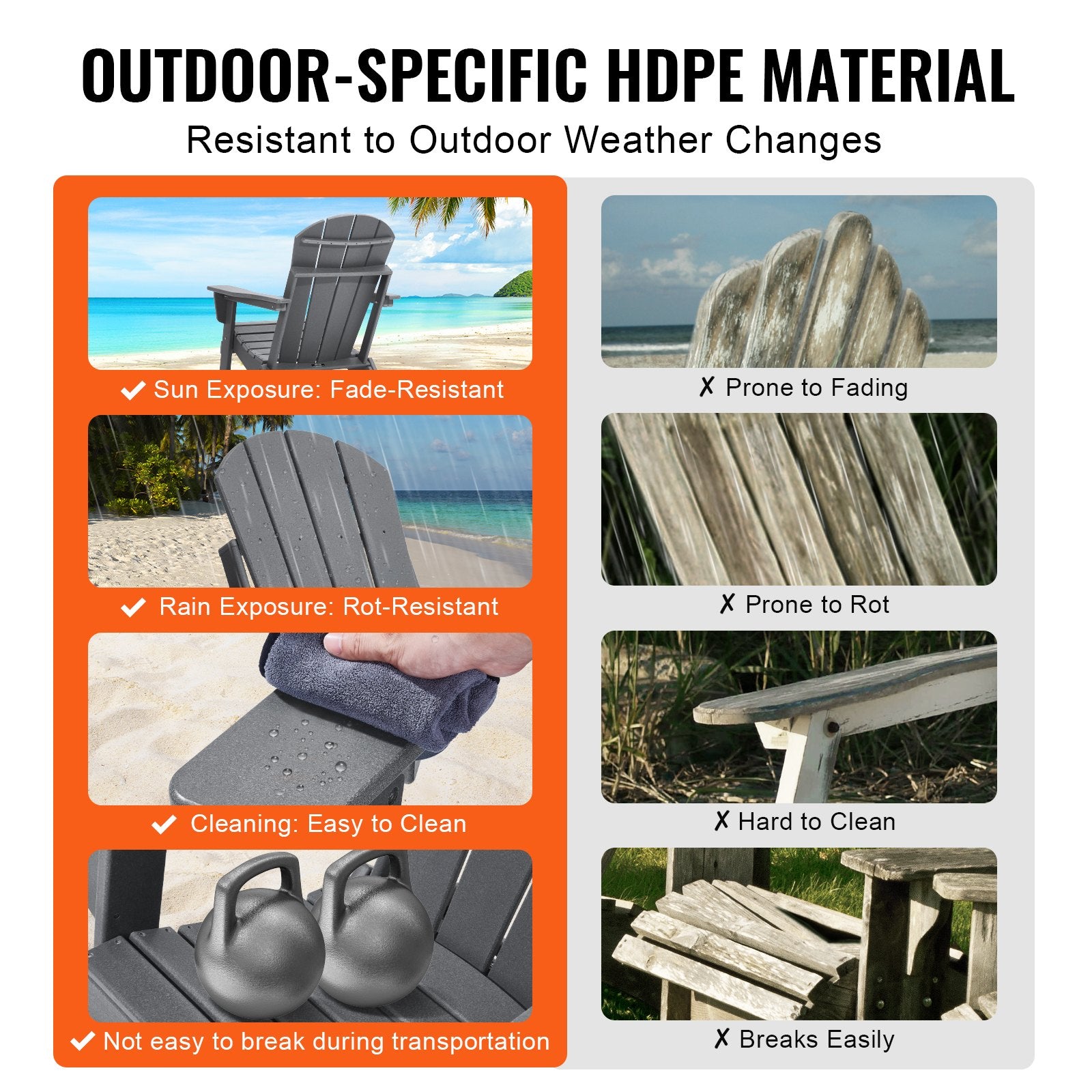 Outdoor Chairs: VEVOR Adirondack Chair Plastic, Set of 2 All-Weather Portable Folding Fire Pit Chair, Outdoor Adirondack Patio Chair with Cup Holder, with Relaxing Arm Rest Ergonomic, for Garden, Backyard - Gray