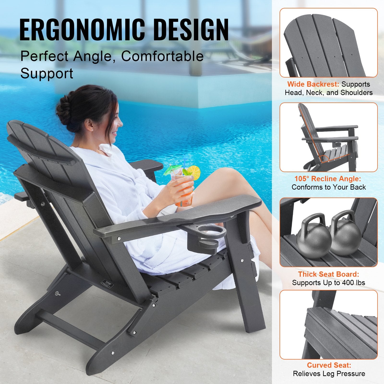 Outdoor Chairs: VEVOR Adirondack Chair Plastic, Set of 2 All-Weather Portable Folding Fire Pit Chair, Outdoor Adirondack Patio Chair with Cup Holder, with Relaxing Arm Rest Ergonomic, for Garden, Backyard - Gray
