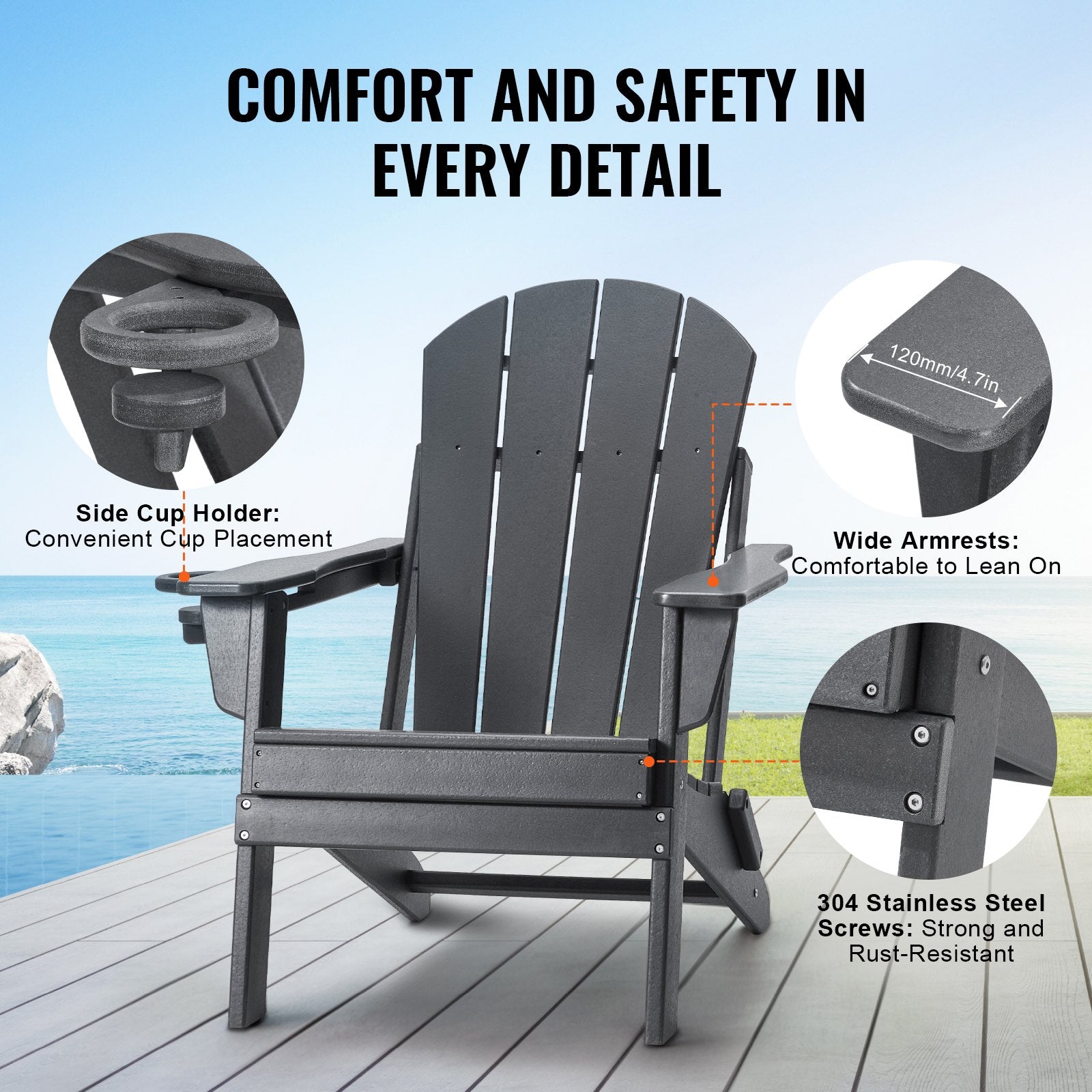 Outdoor Chairs: VEVOR Adirondack Chair Plastic, Set of 2 All-Weather Portable Folding Fire Pit Chair, Outdoor Adirondack Patio Chair with Cup Holder, with Relaxing Arm Rest Ergonomic, for Garden, Backyard - Gray