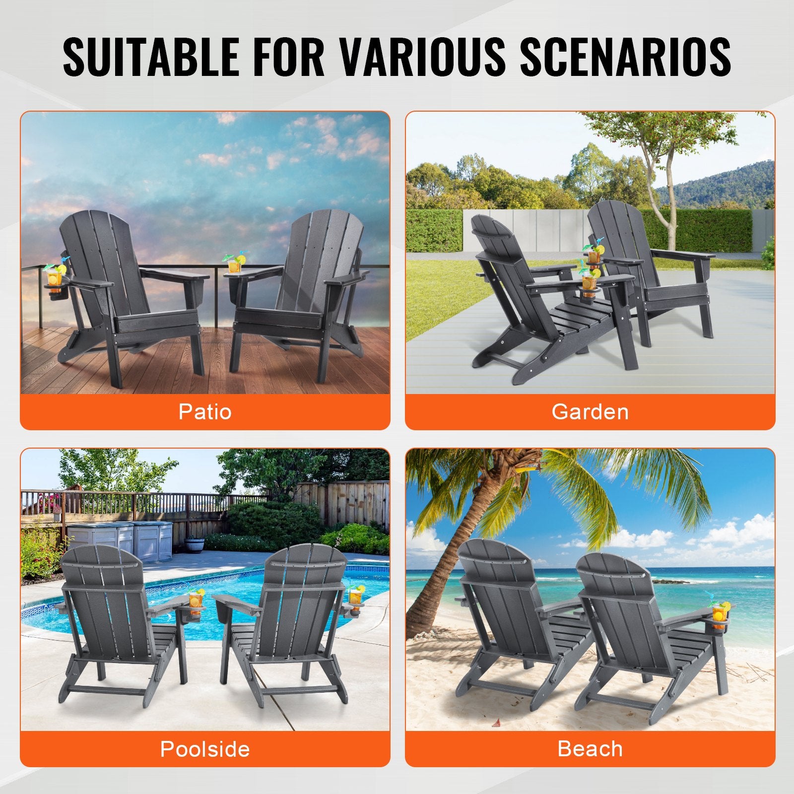 Outdoor Chairs: VEVOR Adirondack Chair Plastic, Set of 2 All-Weather Portable Folding Fire Pit Chair, Outdoor Adirondack Patio Chair with Cup Holder, with Relaxing Arm Rest Ergonomic, for Garden, Backyard - Gray