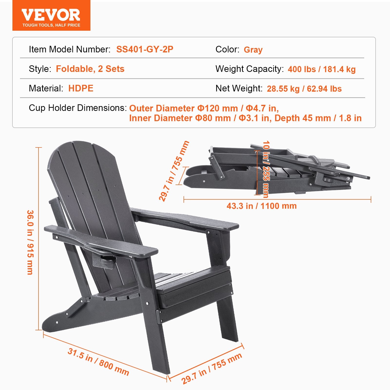 Outdoor Chairs: VEVOR Adirondack Chair Plastic, Set of 2 All-Weather Portable Folding Fire Pit Chair, Outdoor Adirondack Patio Chair with Cup Holder, with Relaxing Arm Rest Ergonomic, for Garden, Backyard - Gray