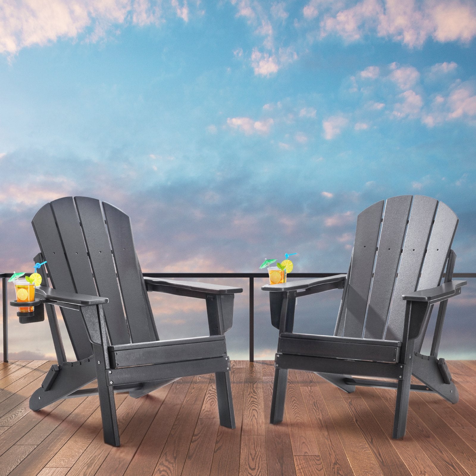 Outdoor Chairs: VEVOR Adirondack Chair Plastic, Set of 2 All-Weather Portable Folding Fire Pit Chair, Outdoor Adirondack Patio Chair with Cup Holder, with Relaxing Arm Rest Ergonomic, for Garden, Backyard - Gray
