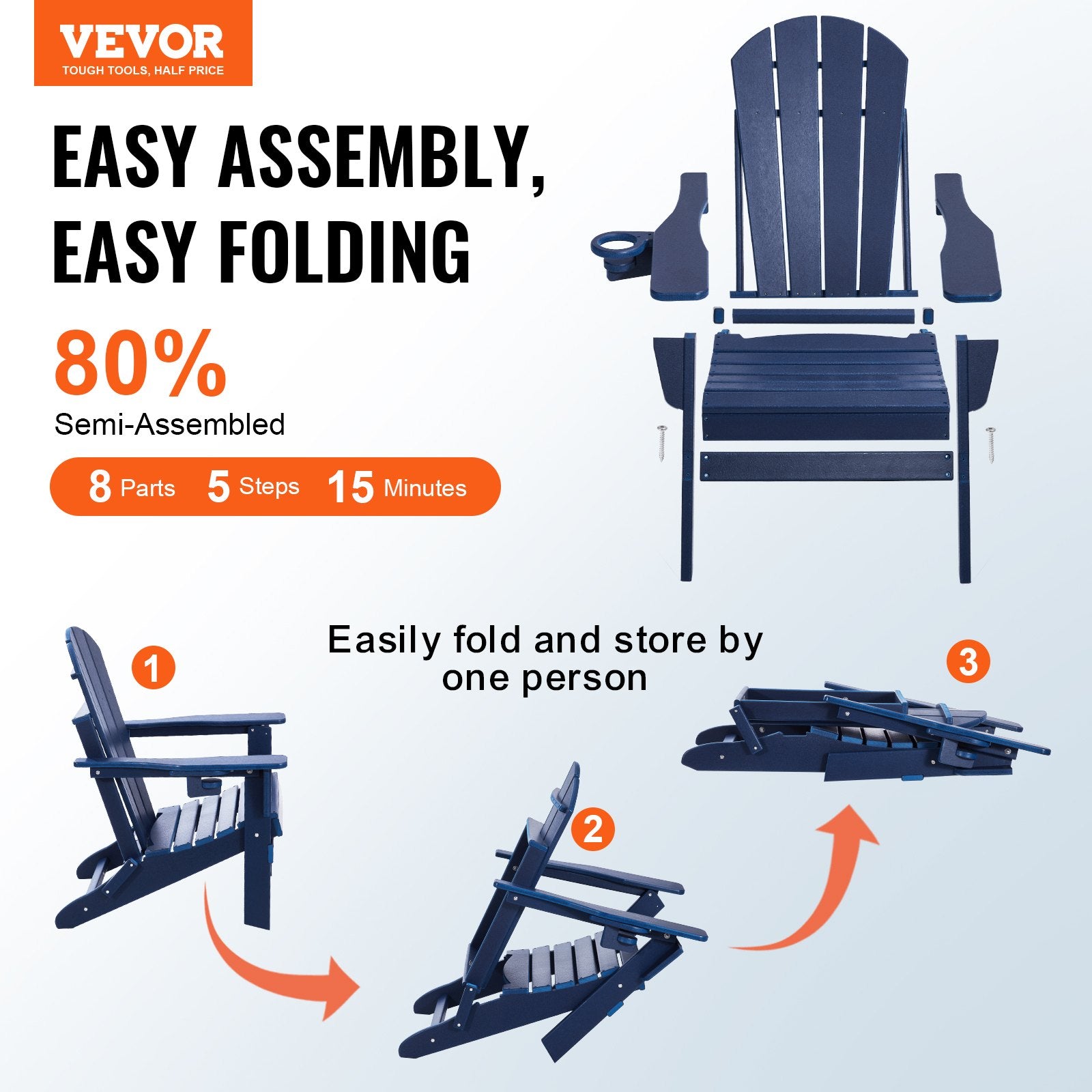 Canopies & Gazebos: VEVOR Adirondack Chair Plastic, Set of 2 All-Weather Portable Folding Fire Pit Chair, Outdoor Adirondack Patio Chair with Cup Holder, with Relaxing Arm Rest Ergonomic, for Garden, Backyard Navy Blue