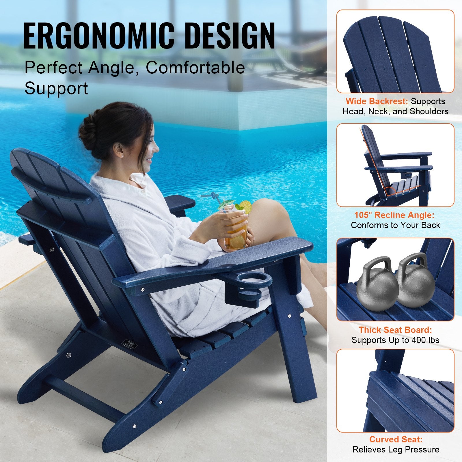 Canopies & Gazebos: VEVOR Adirondack Chair Plastic, Set of 2 All-Weather Portable Folding Fire Pit Chair, Outdoor Adirondack Patio Chair with Cup Holder, with Relaxing Arm Rest Ergonomic, for Garden, Backyard Navy Blue