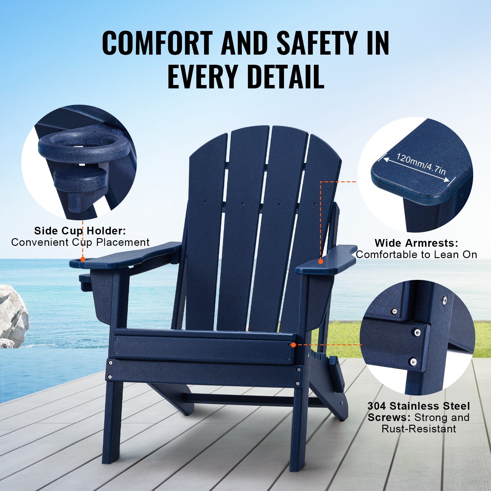 Canopies & Gazebos: VEVOR Adirondack Chair Plastic, Set of 2 All-Weather Portable Folding Fire Pit Chair, Outdoor Adirondack Patio Chair with Cup Holder, with Relaxing Arm Rest Ergonomic, for Garden, Backyard Navy Blue