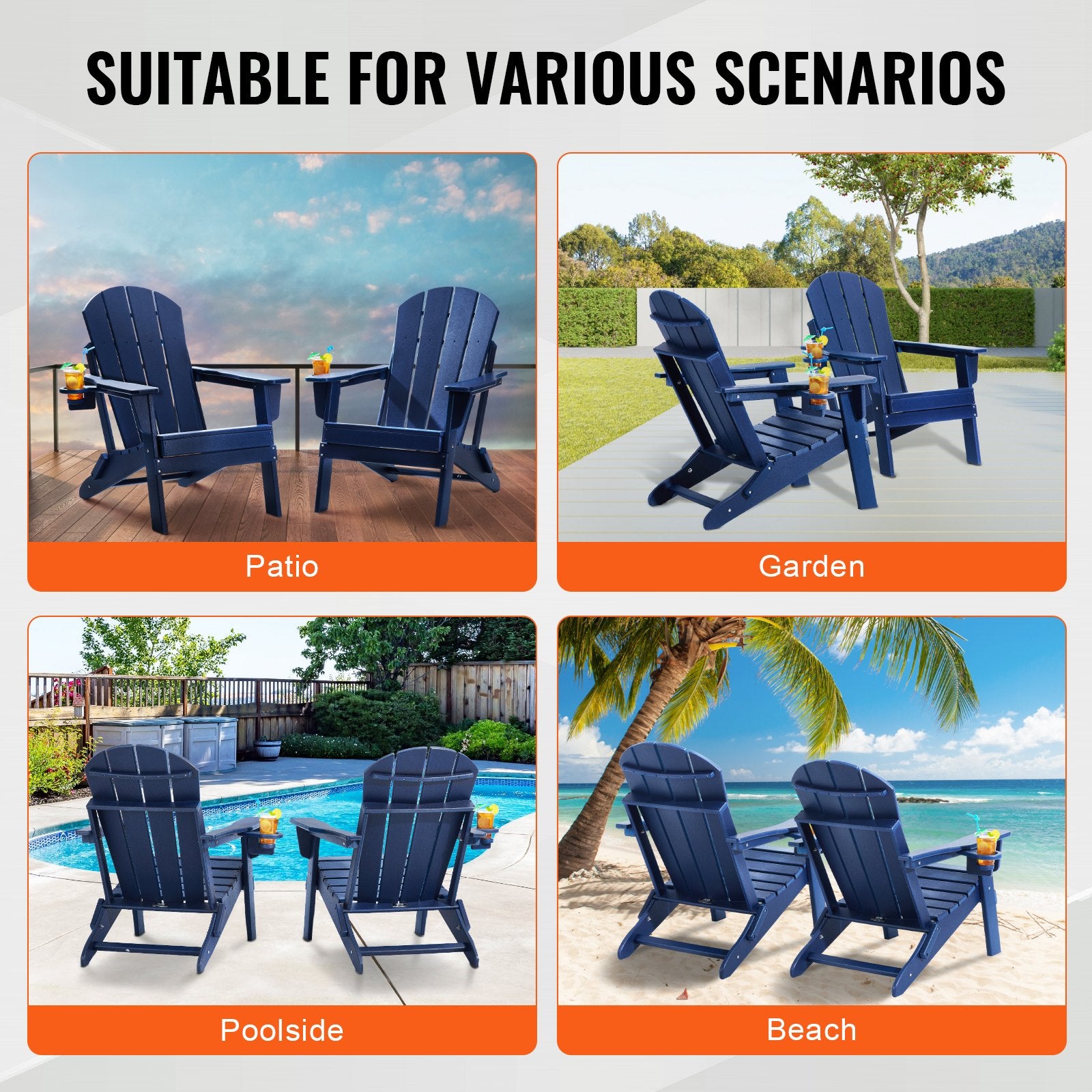 Canopies & Gazebos: VEVOR Adirondack Chair Plastic, Set of 2 All-Weather Portable Folding Fire Pit Chair, Outdoor Adirondack Patio Chair with Cup Holder, with Relaxing Arm Rest Ergonomic, for Garden, Backyard Navy Blue