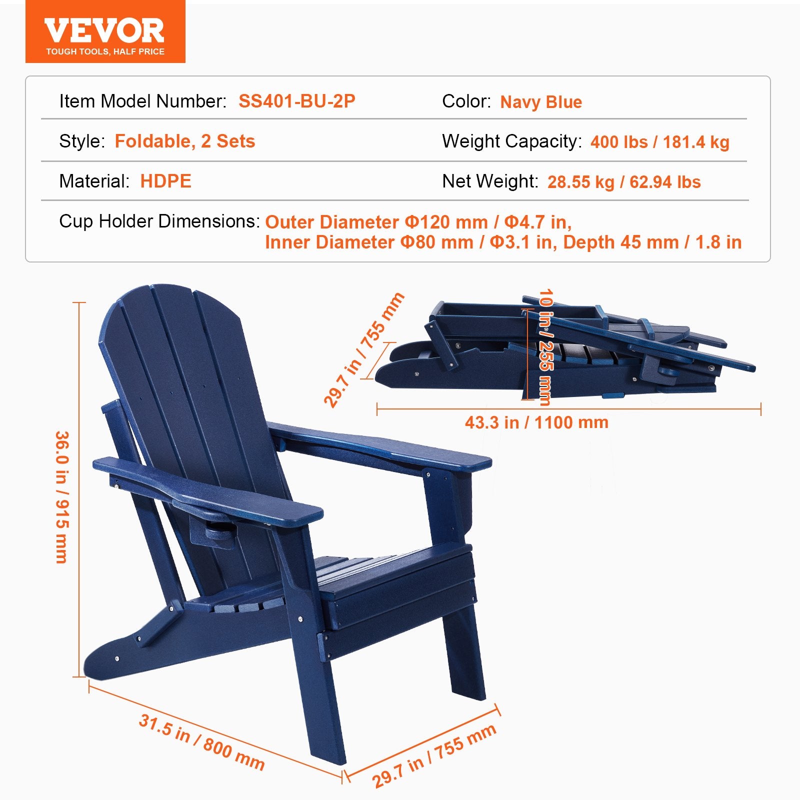 Canopies & Gazebos: VEVOR Adirondack Chair Plastic, Set of 2 All-Weather Portable Folding Fire Pit Chair, Outdoor Adirondack Patio Chair with Cup Holder, with Relaxing Arm Rest Ergonomic, for Garden, Backyard Navy Blue