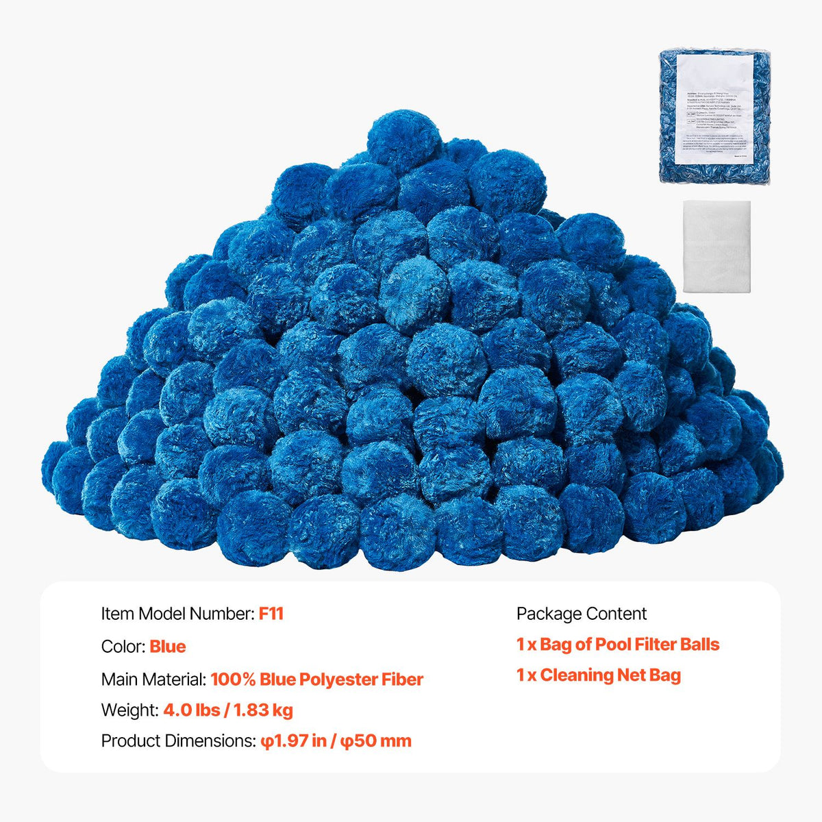 Pool Filter Balls for Sand Filter, 1.83 kg, Filter Balls Replace Pool Filter Sand, Reusable Blue Polyester Fiber Filter Media with Wash Bag, for Swimming Pool Aquarium Tank Above Ground Pool