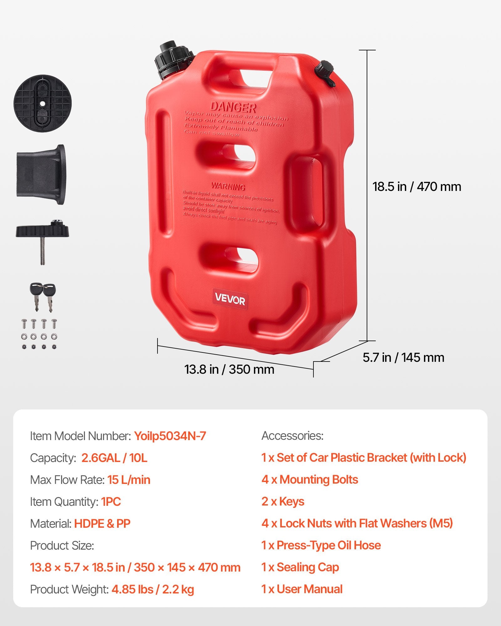 Lubricants: VEVOR Fuel Container, 10 L, Gas Can with Spout and Lockable Bracket, 15 L/min Max Flow Rate, Secure & Leak-proof, Portable Flat Fluid Container for Most Cars Motorcycle ATV UTV, Red
