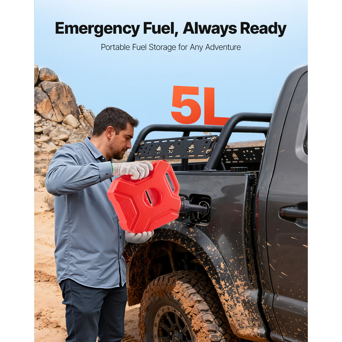 Fuel Container, 5 L, Gas Can with Spout and Lockable Bracket, 15 L/min Max Flow Rate, Secure & Leak-proof, Portable Flat Fluid Container for Most Cars Motorcycle ATV UTV, Red