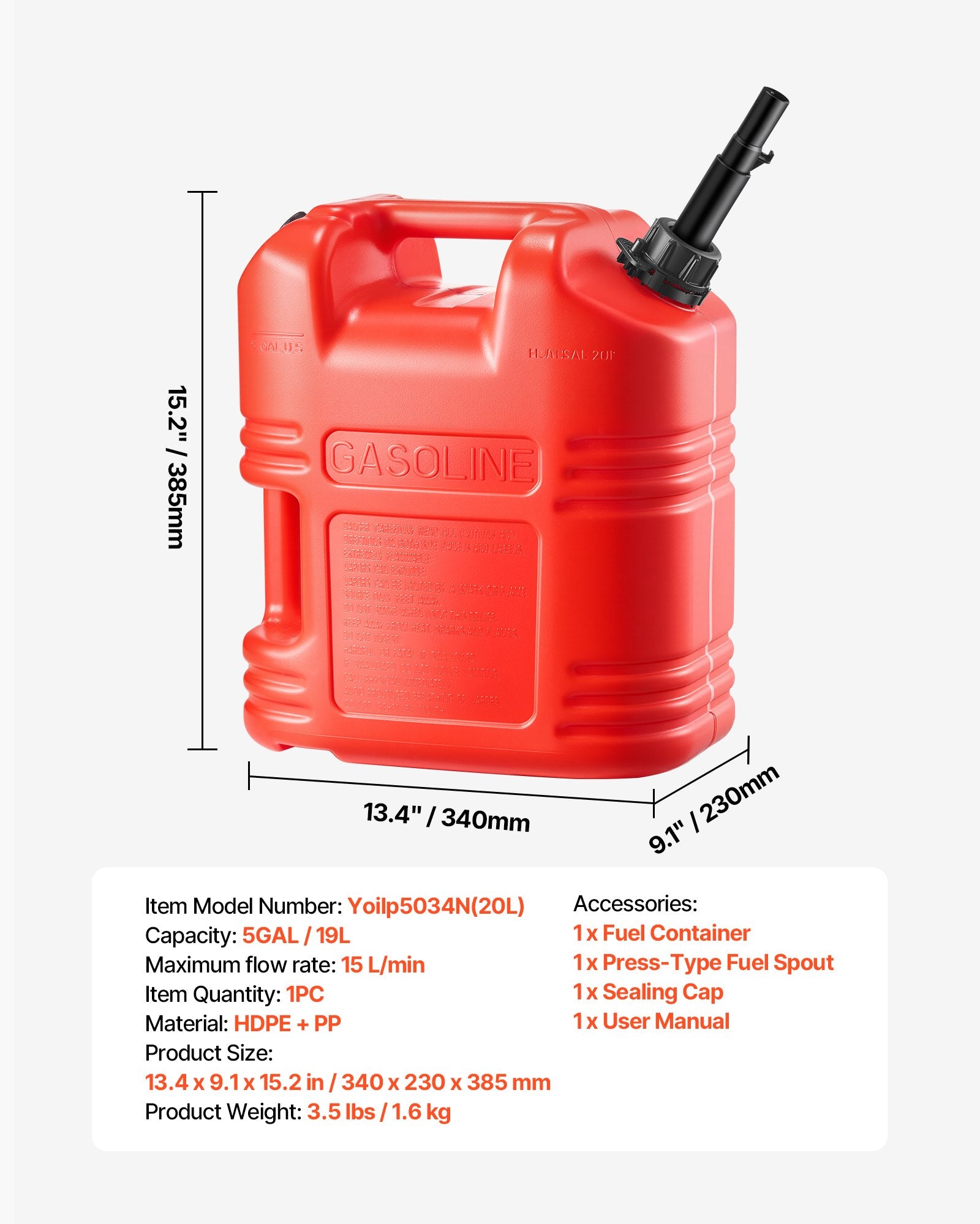 Lubricants: VEVOR Fuel Container, 19 L, Gas Tank with Spout & Clear Scale, 15 L/min Max Flow Rate, Secure & Leak-proof, Portable Flat Fluid Container for Most Cars Motorcycle ATV UTV, Red, 1 Pack