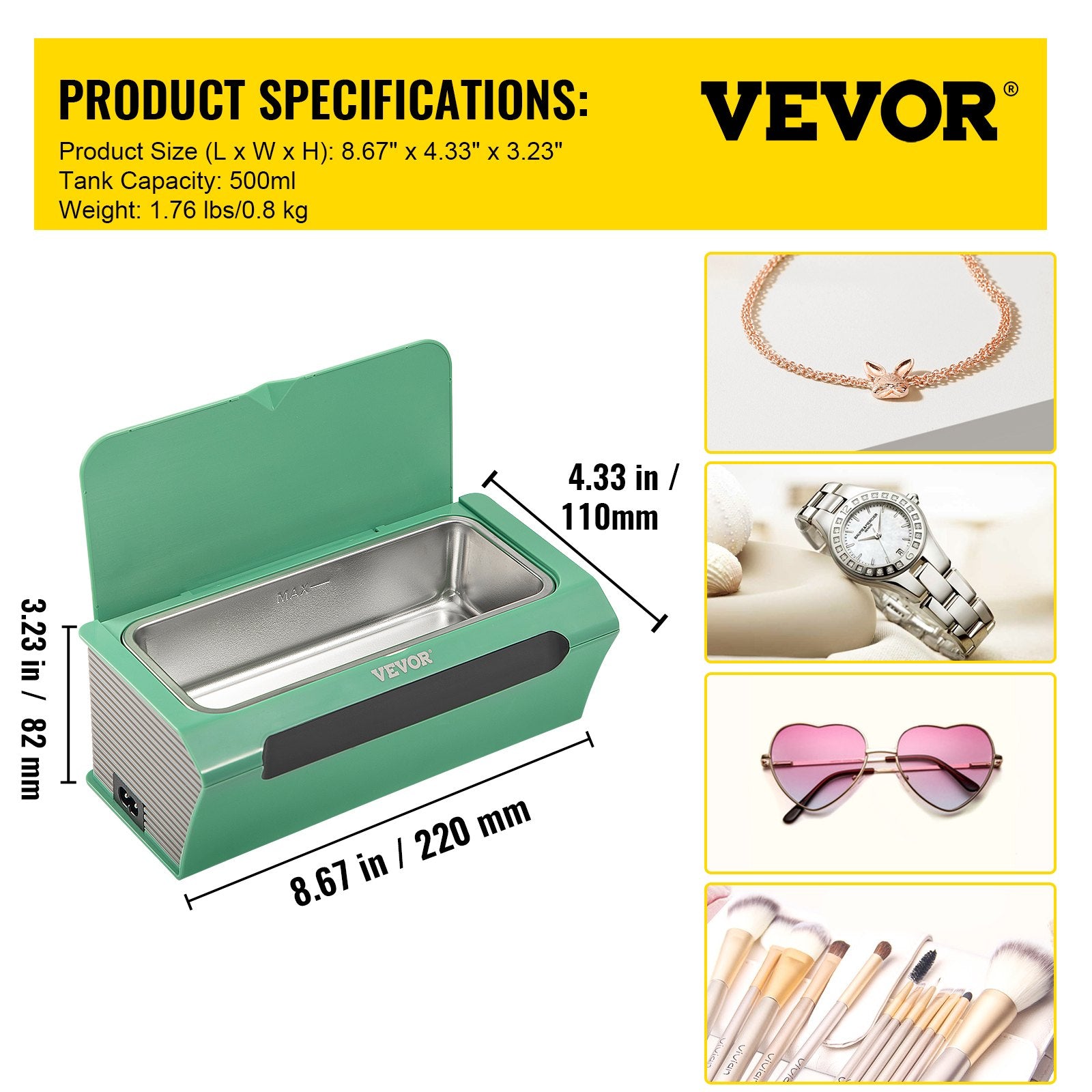 Jewellery Cleaners: VEVOR Ultrasonic Cleaner Ultrasound Cleaning Machine 500ML Green for Jewelry