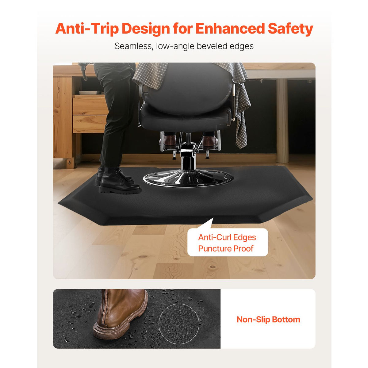 Salon Mat for Hair Stylist, 1225 x 1505 mm Hexagon Salon Chair Mat Anti Fatigue, 13mm Thickened Barber Shop Floor Mat with Round Cut Out, Easy-to-Clean PVC Surface & Anti-Trip Beveled Edges