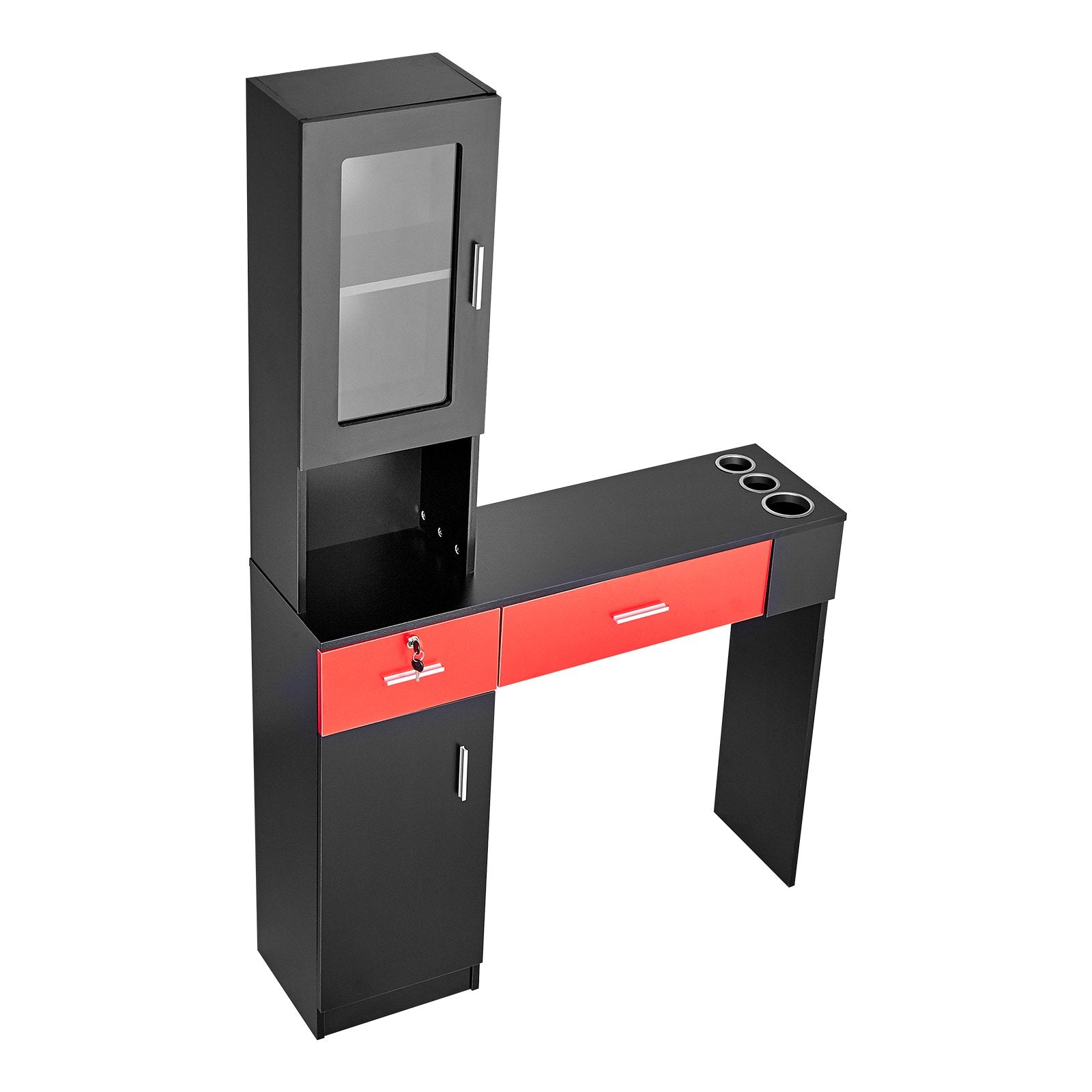 Salon Station, Wall Mount Barber Salon Station for Hair Stylist, Beauty Spa Furniture Set, 1 Storage Cabinet, 3 Cubbies and 2 Drawers(One Lockable), Black and Red
