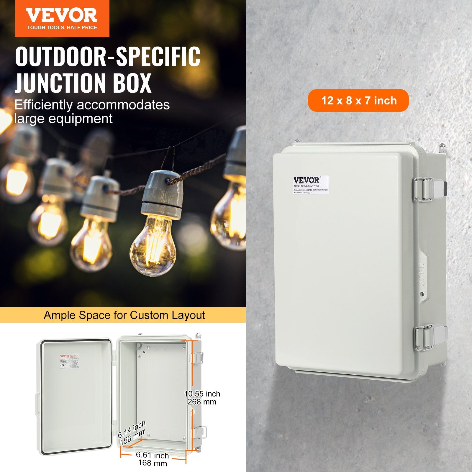 Automotive Repair & Speciality Tools: VEVOR Outdoor Electrical Junction Box, 300 x 200 x 180 mm, ABS Plastic Electrical Enclosure Box with Hinged Cover Stainless Steel Latch, IP67 Dustproof Waterproof for Outdoor Electrical Projects