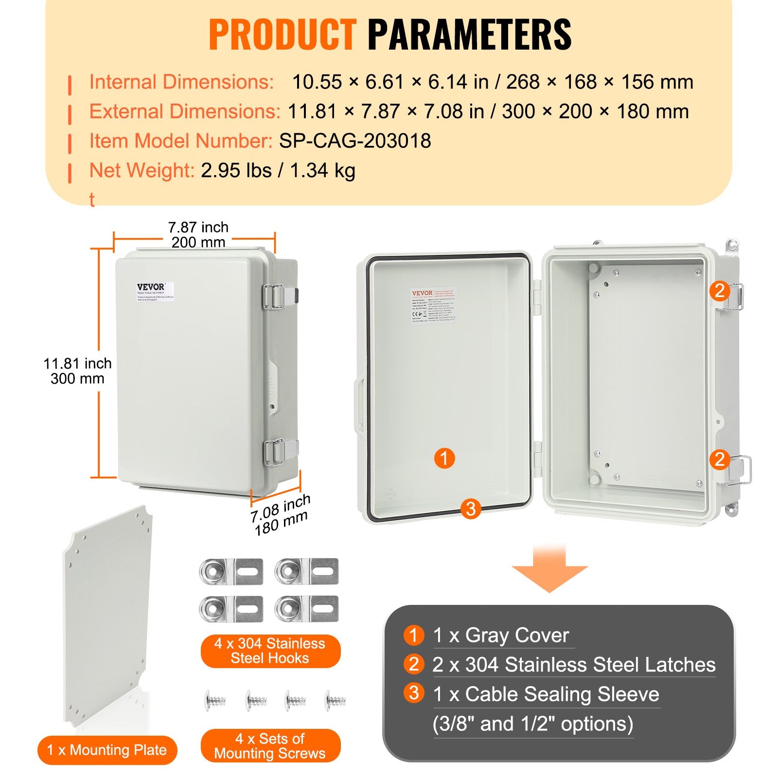 Automotive Repair & Speciality Tools: VEVOR Outdoor Electrical Junction Box, 300 x 200 x 180 mm, ABS Plastic Electrical Enclosure Box with Hinged Cover Stainless Steel Latch, IP67 Dustproof Waterproof for Outdoor Electrical Projects