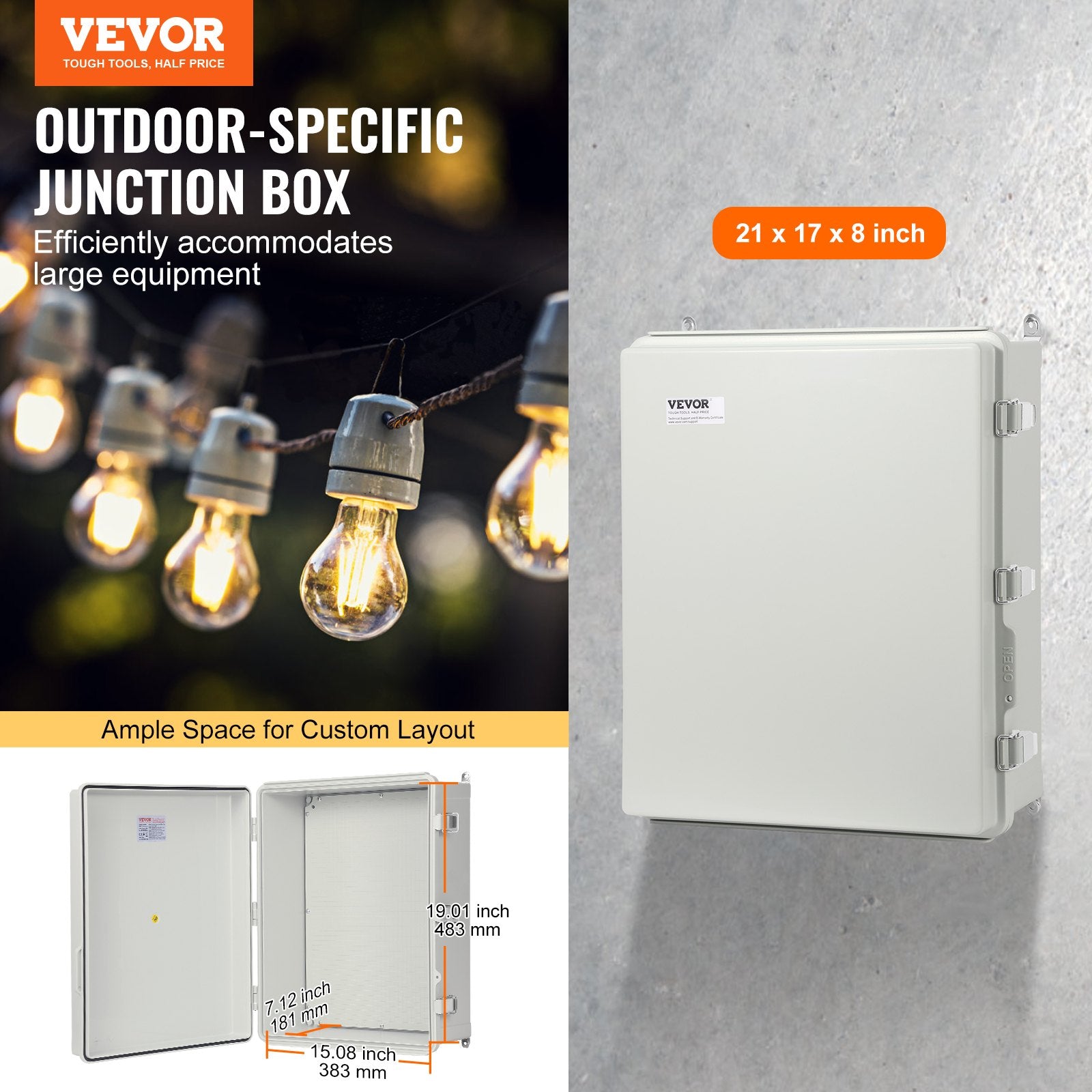 Automotive Repair & Speciality Tools: VEVOR Outdoor Electrical Junction Box, 530 x 430 x 200 mm, ABS Plastic Electrical Enclosure Box with Hinged Cover Stainless Steel Latch, IP67 Dustproof Waterproof for Outdoor Electrical Projects, 21 x 17 x 8 inch