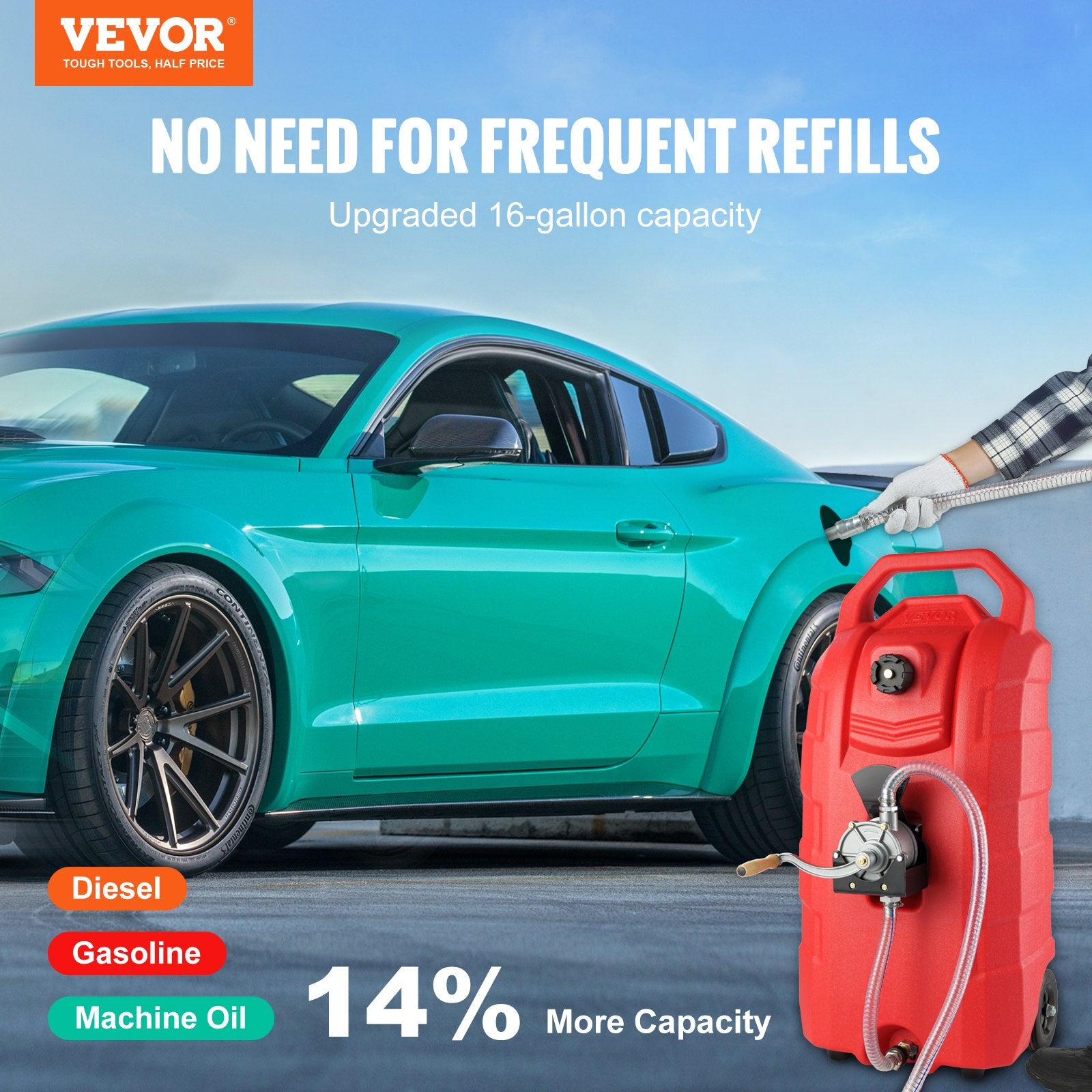 Fuel & Exhaust: VEVOR 60.57L Fuel Caddy, 7.8 L/min, Portable Gas Storage Tank Container with Hand Pump Rubber Wheels, Fuel Transfer Storage Tank for Gasoline Diesel Machine Oil Car Mowers Tractor Boat Motorcycle