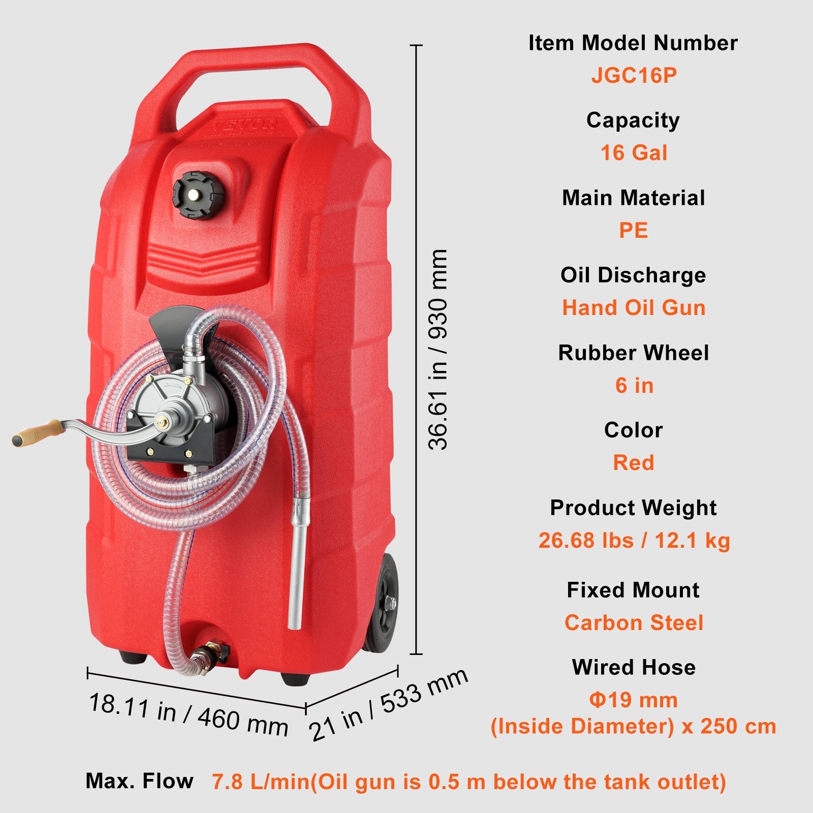 Fuel & Exhaust: VEVOR 60.57L Fuel Caddy, 7.8 L/min, Portable Gas Storage Tank Container with Hand Pump Rubber Wheels, Fuel Transfer Storage Tank for Gasoline Diesel Machine Oil Car Mowers Tractor Boat Motorcycle