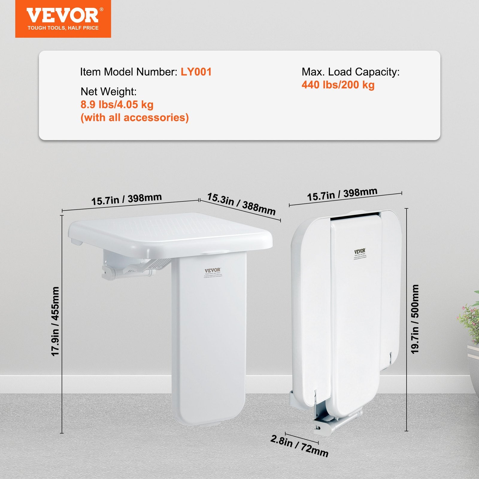 Cat & Dog Flaps: VEVOR Folding ABS Shower Seat, 15.7'' x 16.7'' Unfolded, Wall Mounted Fold Up Shower Bench with 440 lbs Load Capacity, Space Saving Fold Down Shower Chair for Seniors Pregnant Women Children Adults
