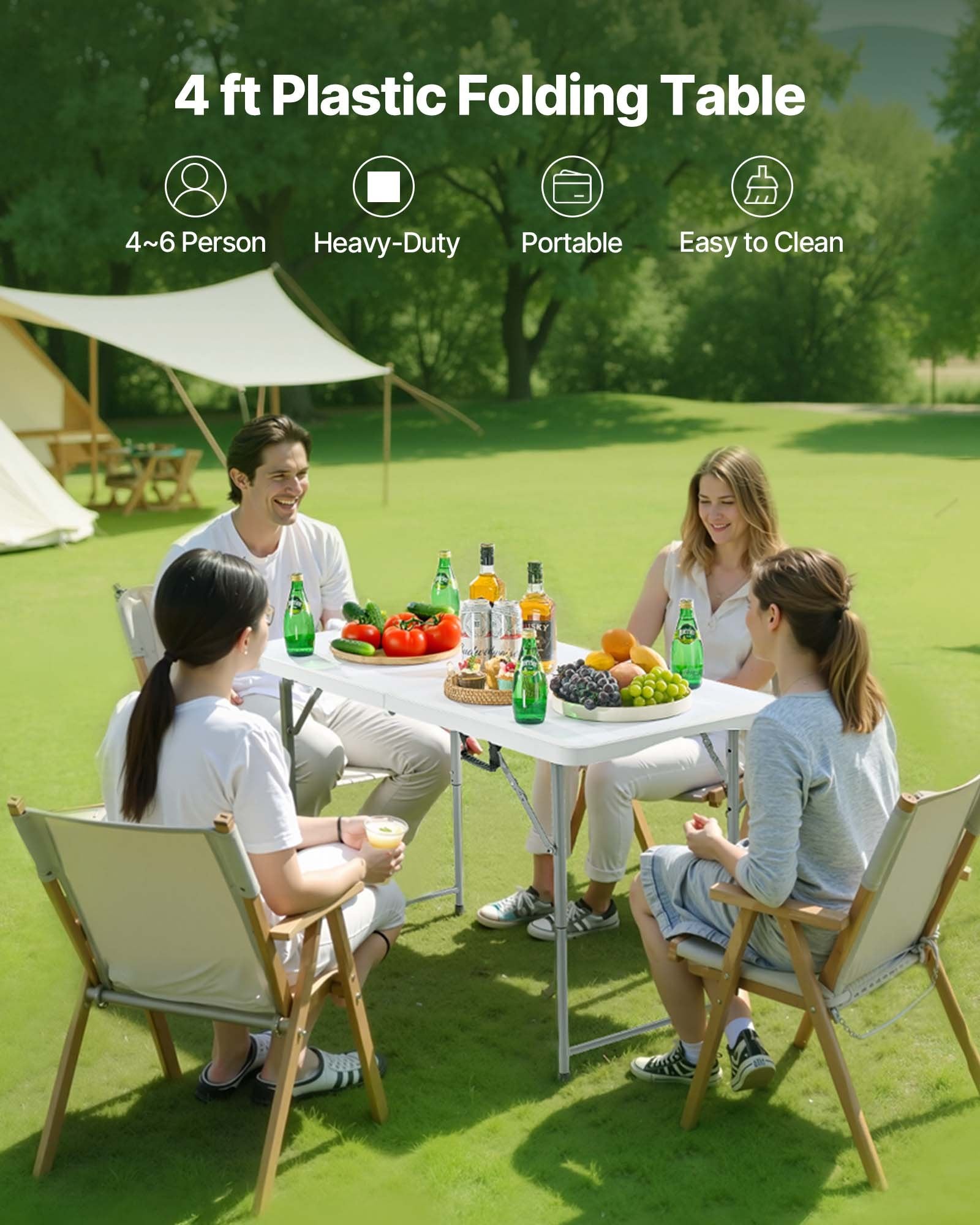 Outdoor Dining Sets: VEVOR Folding Table, 4 Ft Heavy Duty Portable Fold-in-Half Utility Table, Indoor Outdoor Plastic Rectangle Table with Adjustable Height and Built in Handle, for Party, Dining, Picnic, Camping, White