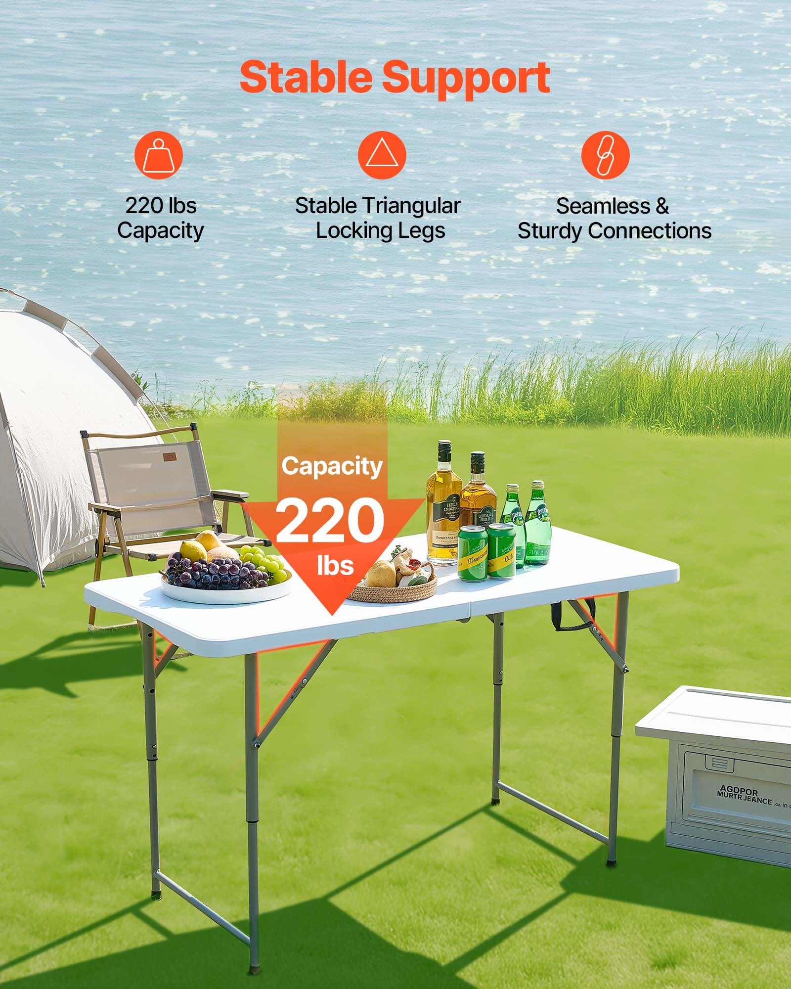 Outdoor Dining Sets: VEVOR Folding Table, 4 Ft Heavy Duty Portable Fold-in-Half Utility Table, Indoor Outdoor Plastic Rectangle Table with Adjustable Height and Built in Handle, for Party, Dining, Picnic, Camping, White
