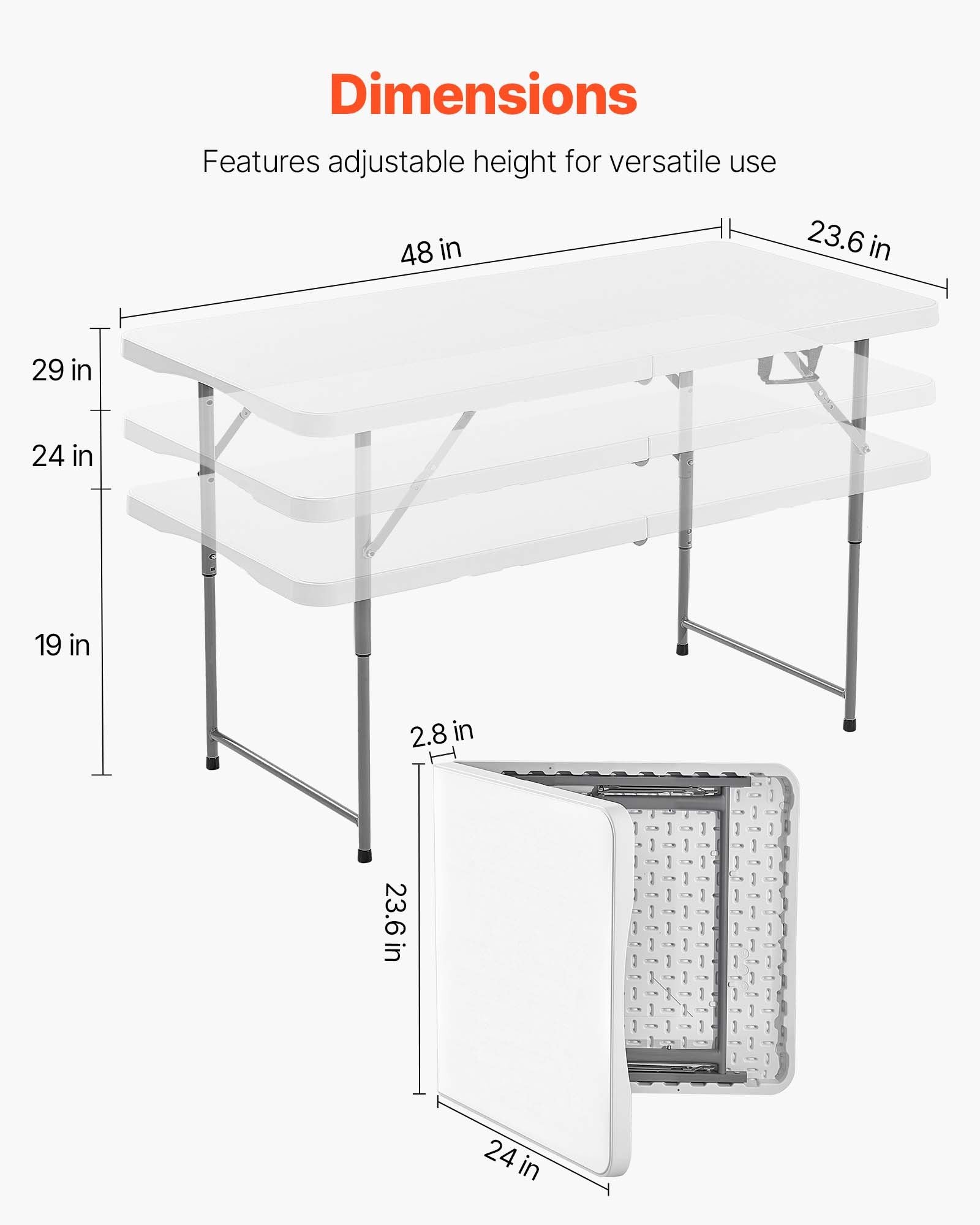 Outdoor Dining Sets: VEVOR Folding Table, 4 Ft Heavy Duty Portable Fold-in-Half Utility Table, Indoor Outdoor Plastic Rectangle Table with Adjustable Height and Built in Handle, for Party, Dining, Picnic, Camping, White