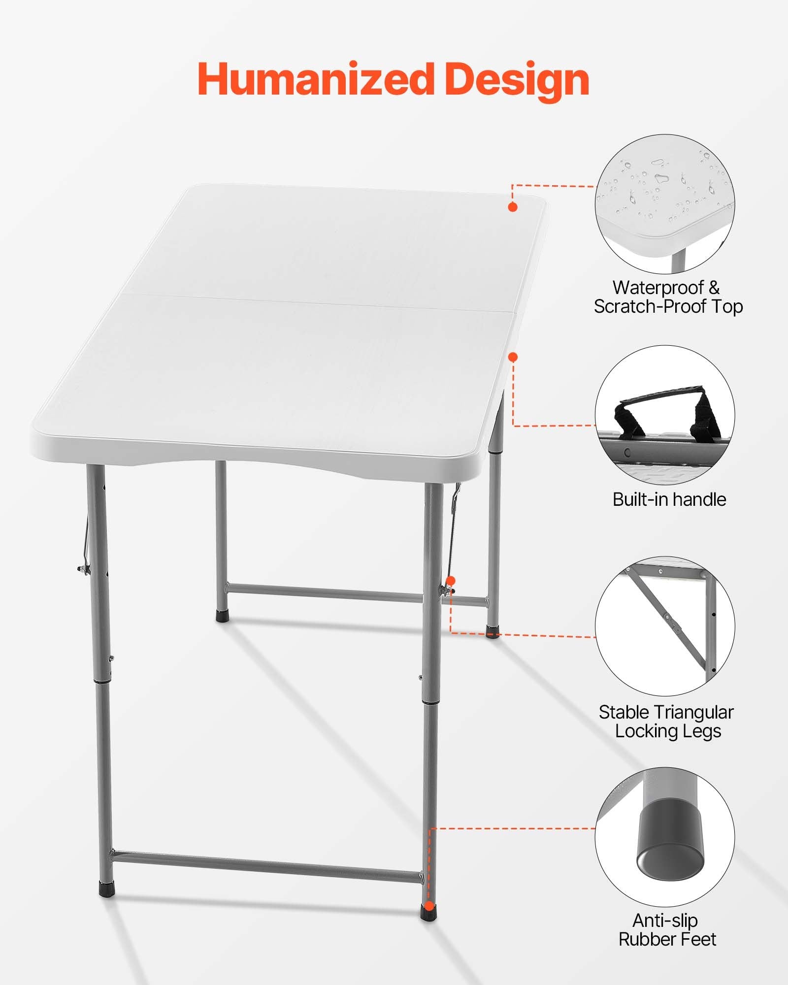 Outdoor Dining Sets: VEVOR Folding Table, 4 Ft Heavy Duty Portable Fold-in-Half Utility Table, Indoor Outdoor Plastic Rectangle Table with Adjustable Height and Built in Handle, for Party, Dining, Picnic, Camping, White