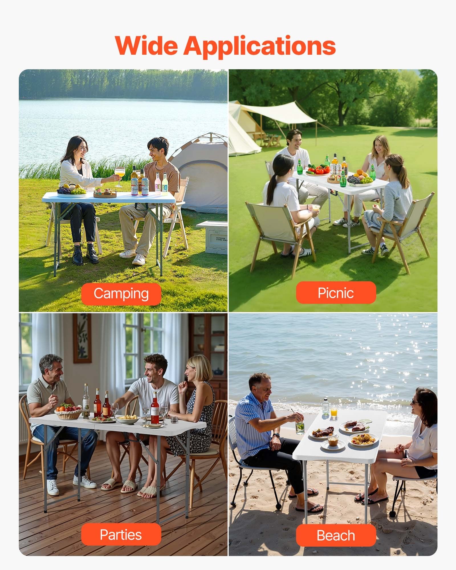 Outdoor Dining Sets: VEVOR Folding Table, 4 Ft Heavy Duty Portable Fold-in-Half Utility Table, Indoor Outdoor Plastic Rectangle Table with Adjustable Height and Built in Handle, for Party, Dining, Picnic, Camping, White