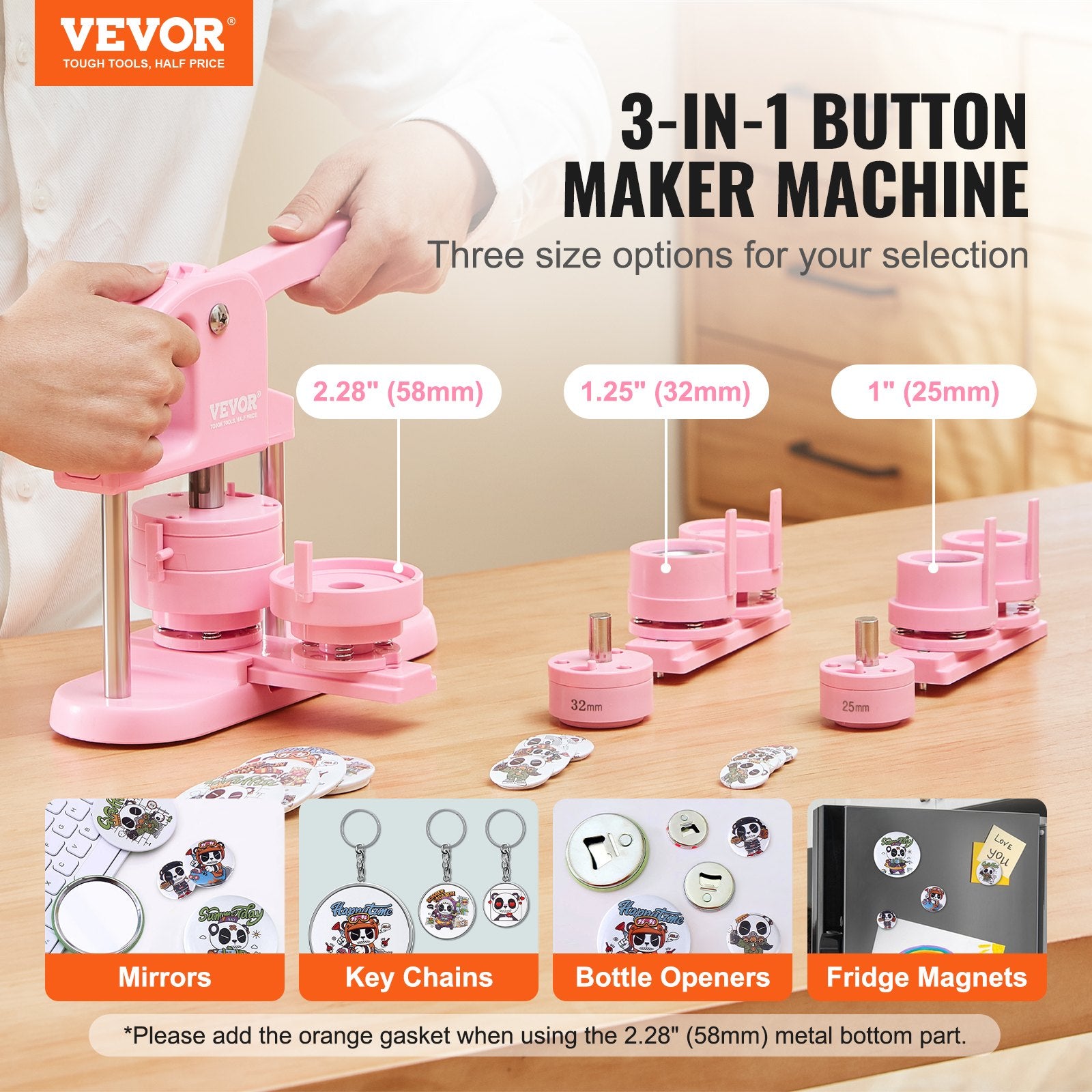 Gardening Tools: VEVOR Button Maker, 1/1.25/2.28 inch(25/32/58mm) 3-IN-1 Pin Maker, 300pcs Button Parts, Button Maker Machine with Panda Magic Book, Ergonomic Arc Handle Punch Press Kit, For Children DIY Gifts, Pink